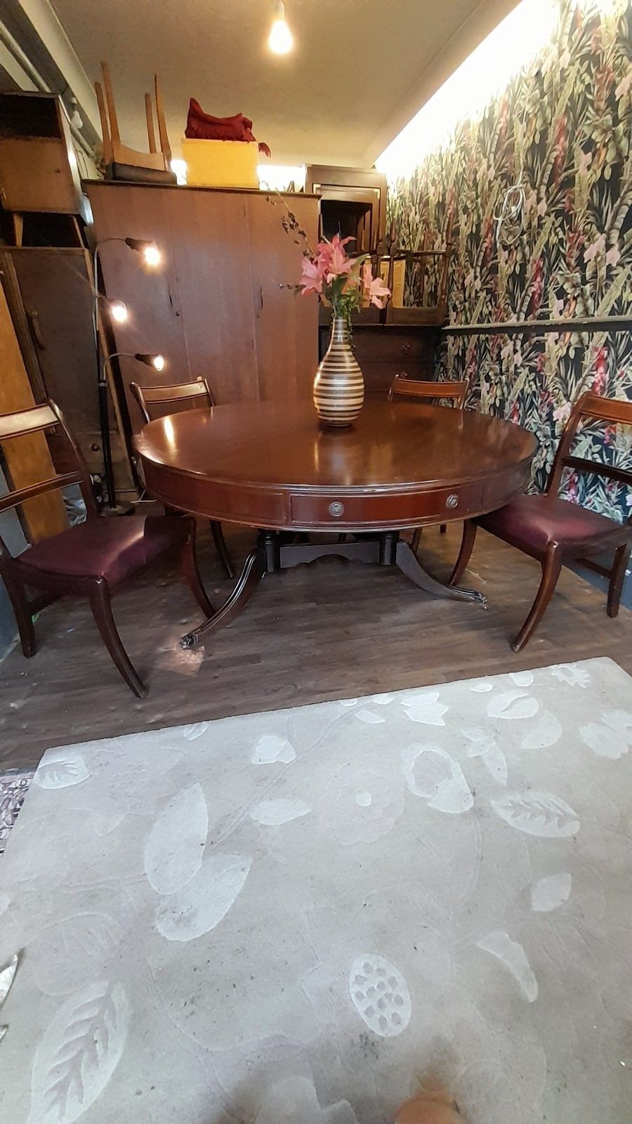 Antique Stunning Large Circular Manogany Dining Table With Drawers And 4 Matching Chairs photo furniture