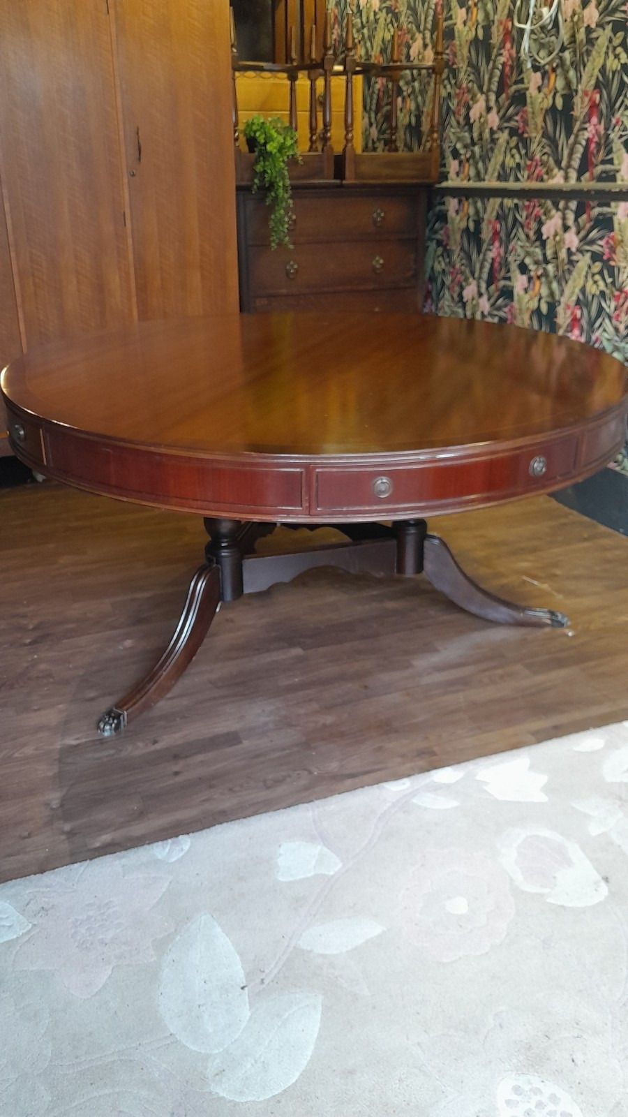 Antique Stunning Large Circular Manogany Dining Table With Drawers And 4 Matching Chairs photo buy