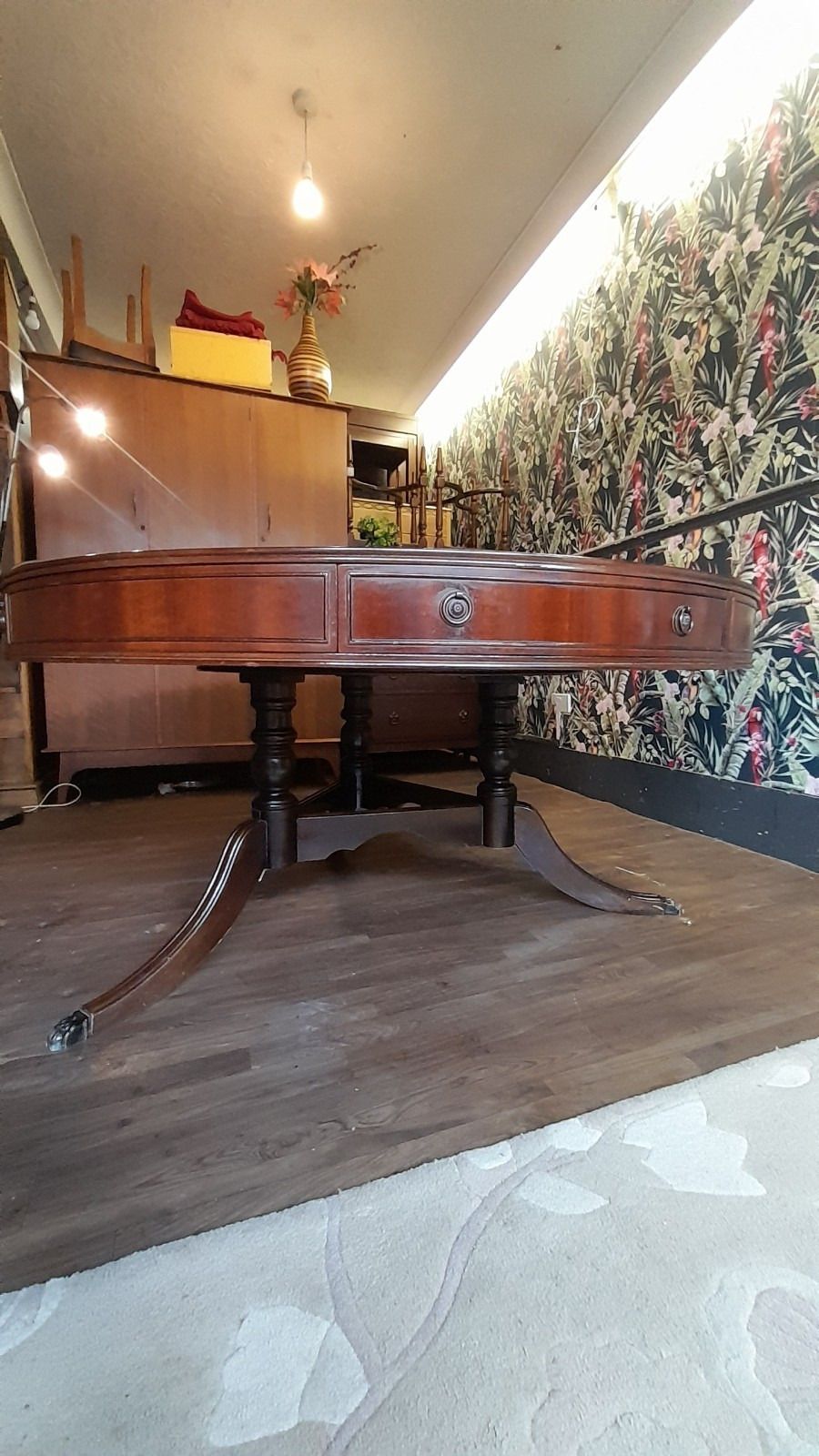 Antique Stunning Large Circular Manogany Dining Table With Drawers And 4 Matching Chairs photo vintage
