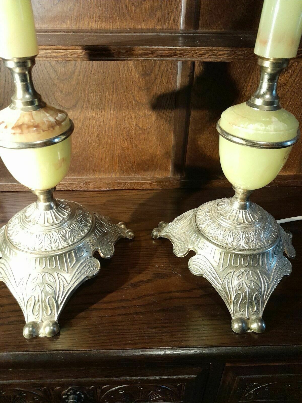 Pair Of Large Vintage Brass And Onyx Table Lamps 50cm Tall photo vintage