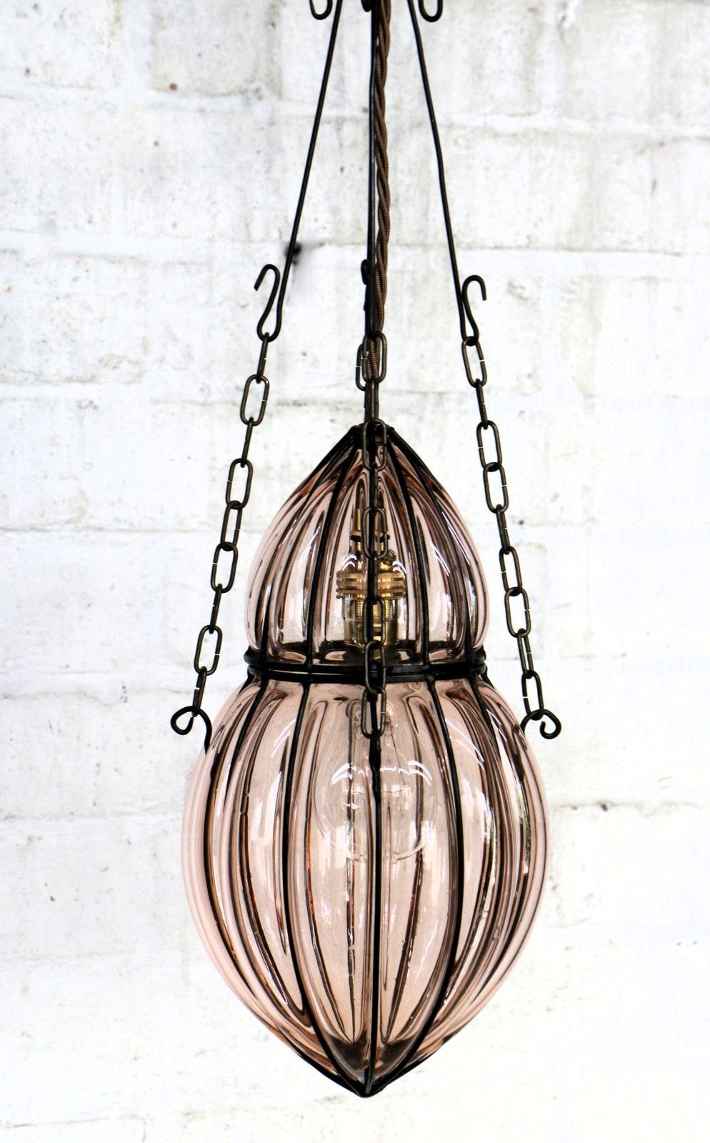 Ceiling Light Antique Cage Blown Bent Wire And Pale Pink Glass Pendant Fittings