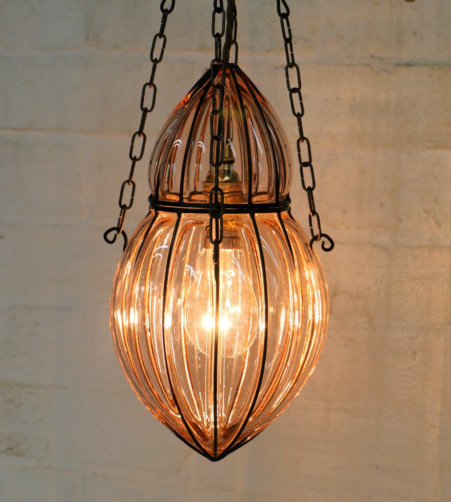 Ceiling Light Antique Cage Blown Bent Wire And Pale Pink Glass Pendant Fittings photo Lighting