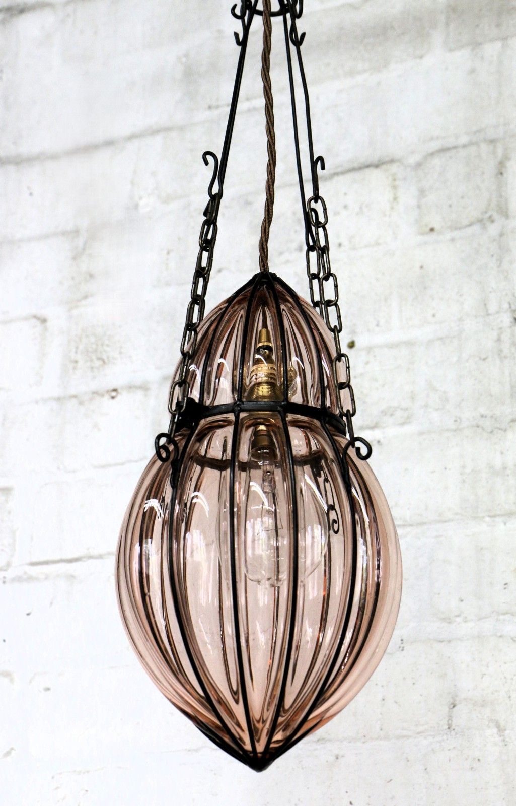 Ceiling Light Antique Cage Blown Bent Wire And Pale Pink Glass Pendant Fittings photo 119.0