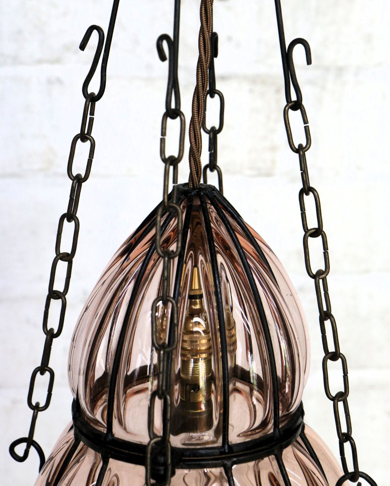 Ceiling Light Antique Cage Blown Bent Wire And Pale Pink Glass Pendant Fittings photo buy