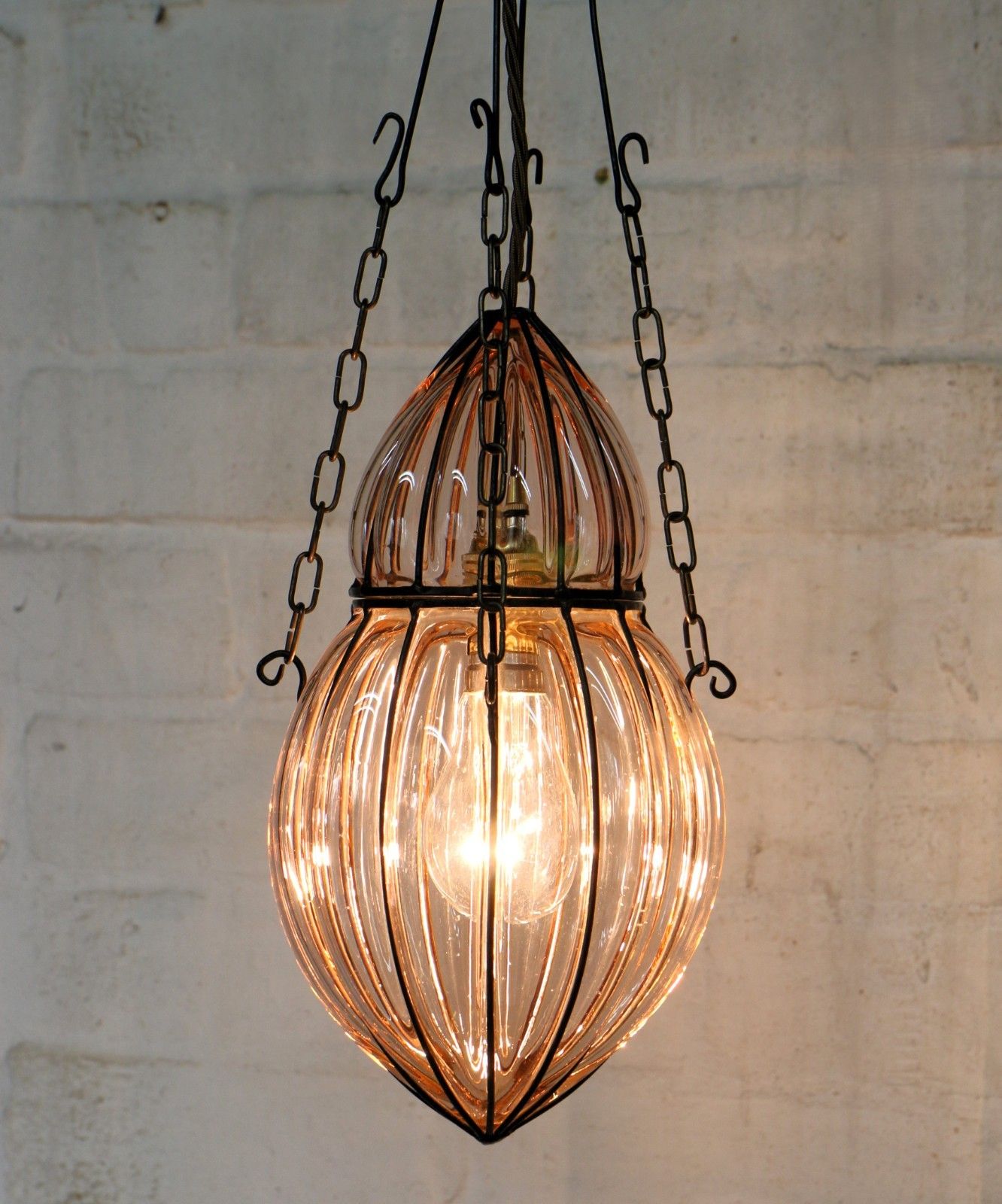 Ceiling Light Antique Cage Blown Bent Wire And Pale Pink Glass Pendant Fittings photo vintage