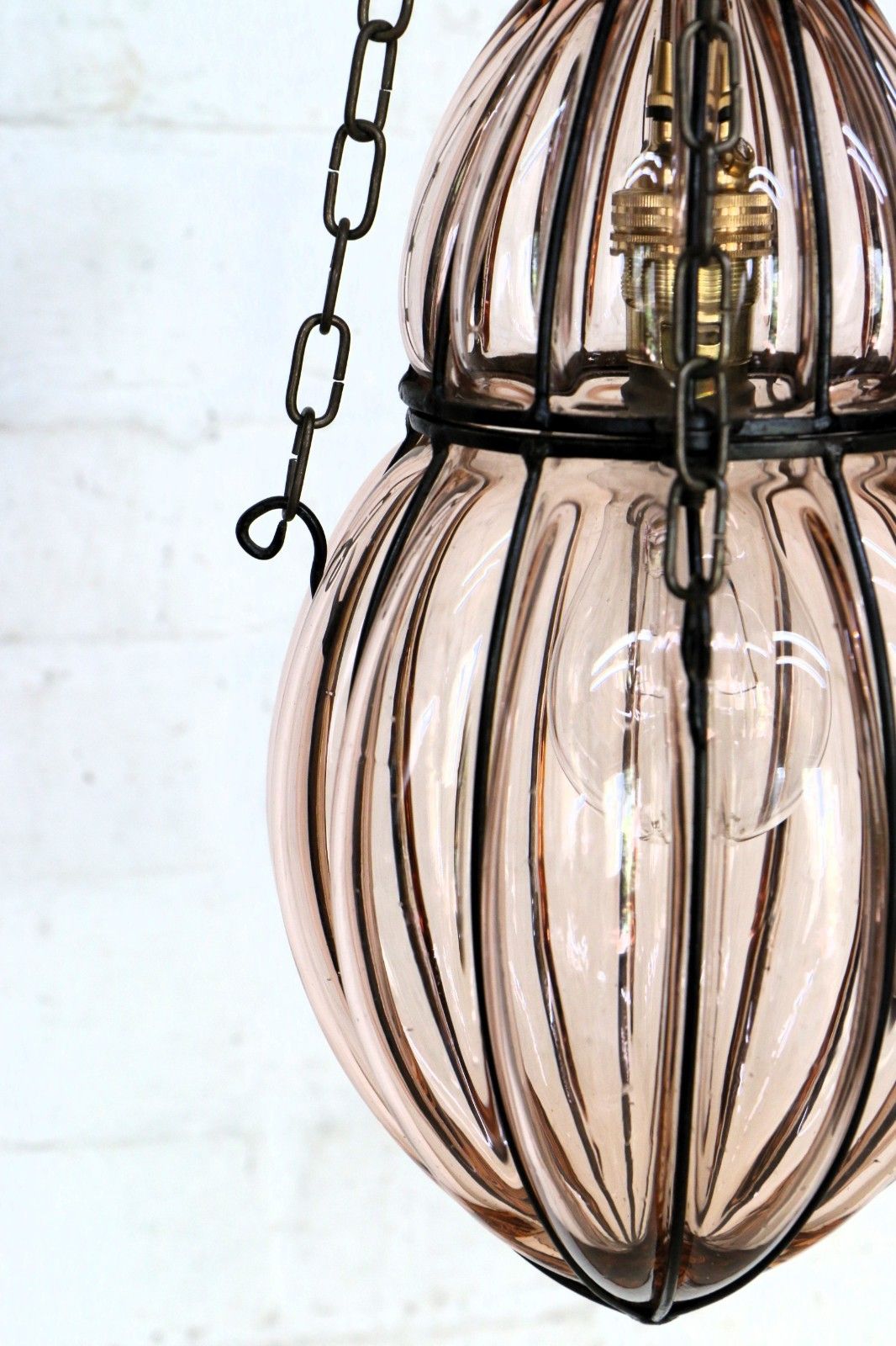 Lighting Ceiling Light Antique Cage Blown Bent Wire And Pale Pink Glass Pendant Fittings photo