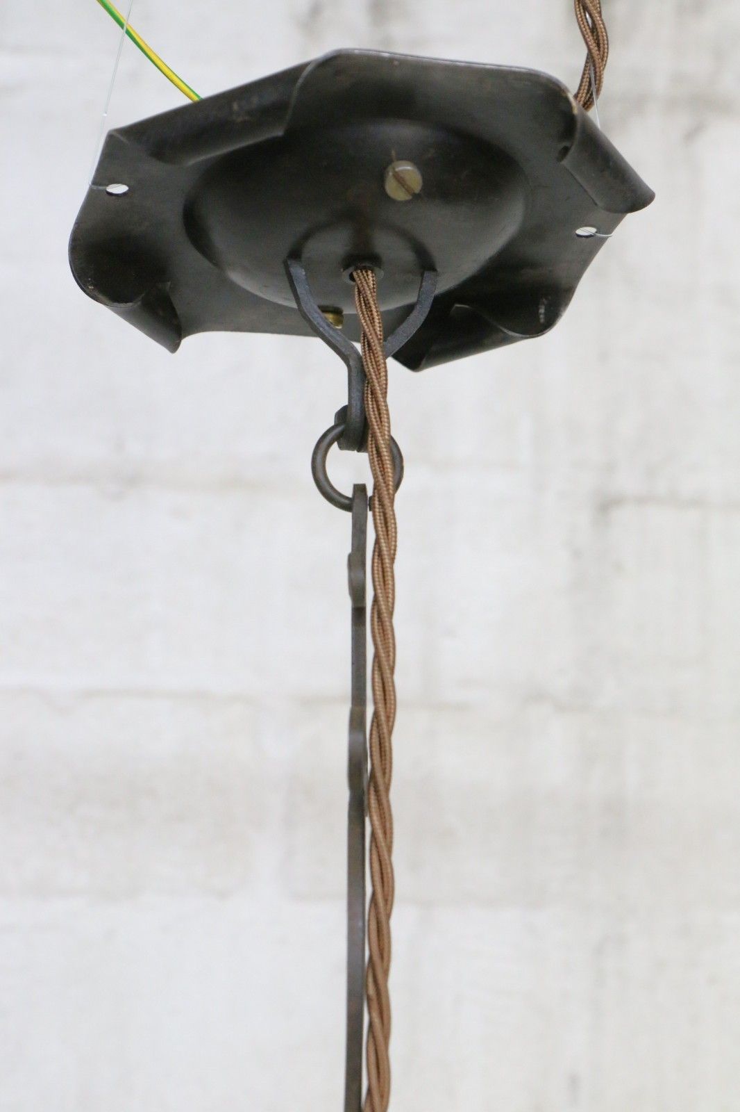 photo vinterior Ceiling Light Antique Cage Blown Bent Wire And Pale Pink Glass Pendant Fittings