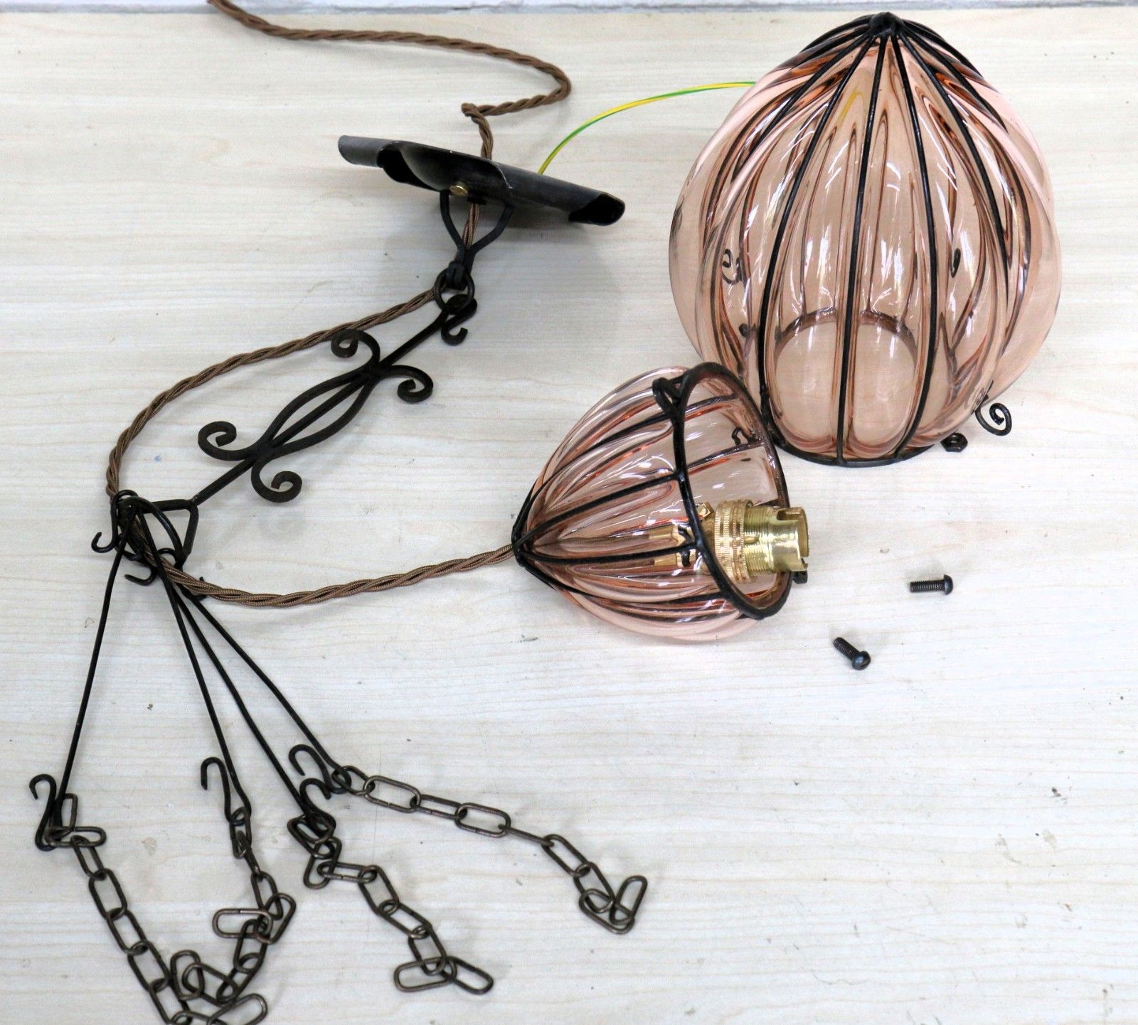 photo vintage Ceiling Light Antique Cage Blown Bent Wire And Pale Pink Glass Pendant Fittings