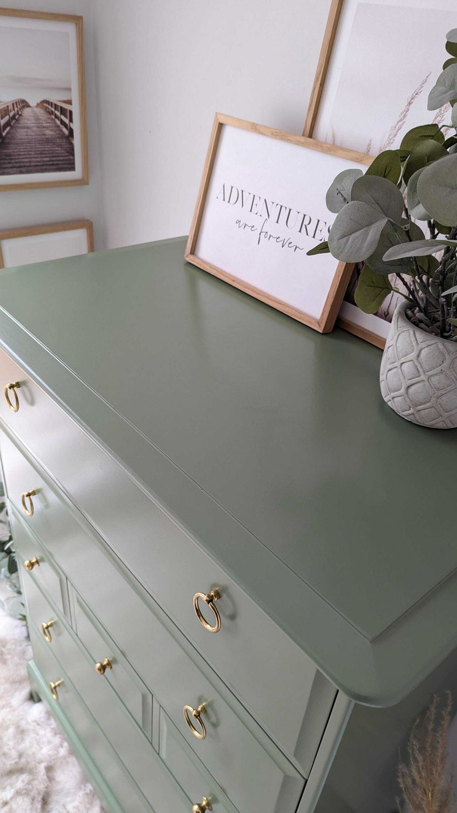Spray Painted Sage Green Stag Minstrel Tallboy Chest Of Drawers photo for sale