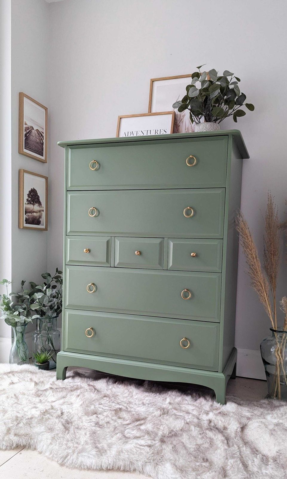 Spray Painted Sage Green Stag Minstrel Tallboy Chest Of Drawers photo buy