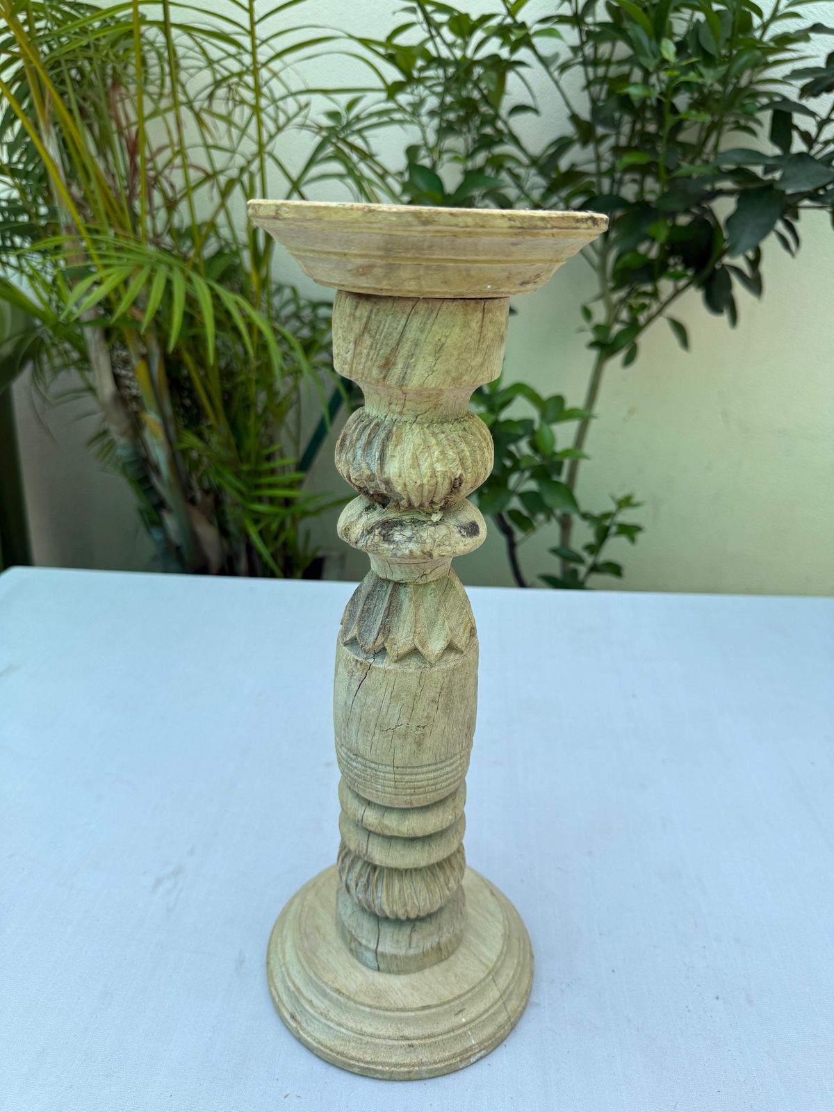 Set Of 3 Hand Carved Wooden Candle Holders | Rustic Farmhouse Table Centerpiece photo vinterior