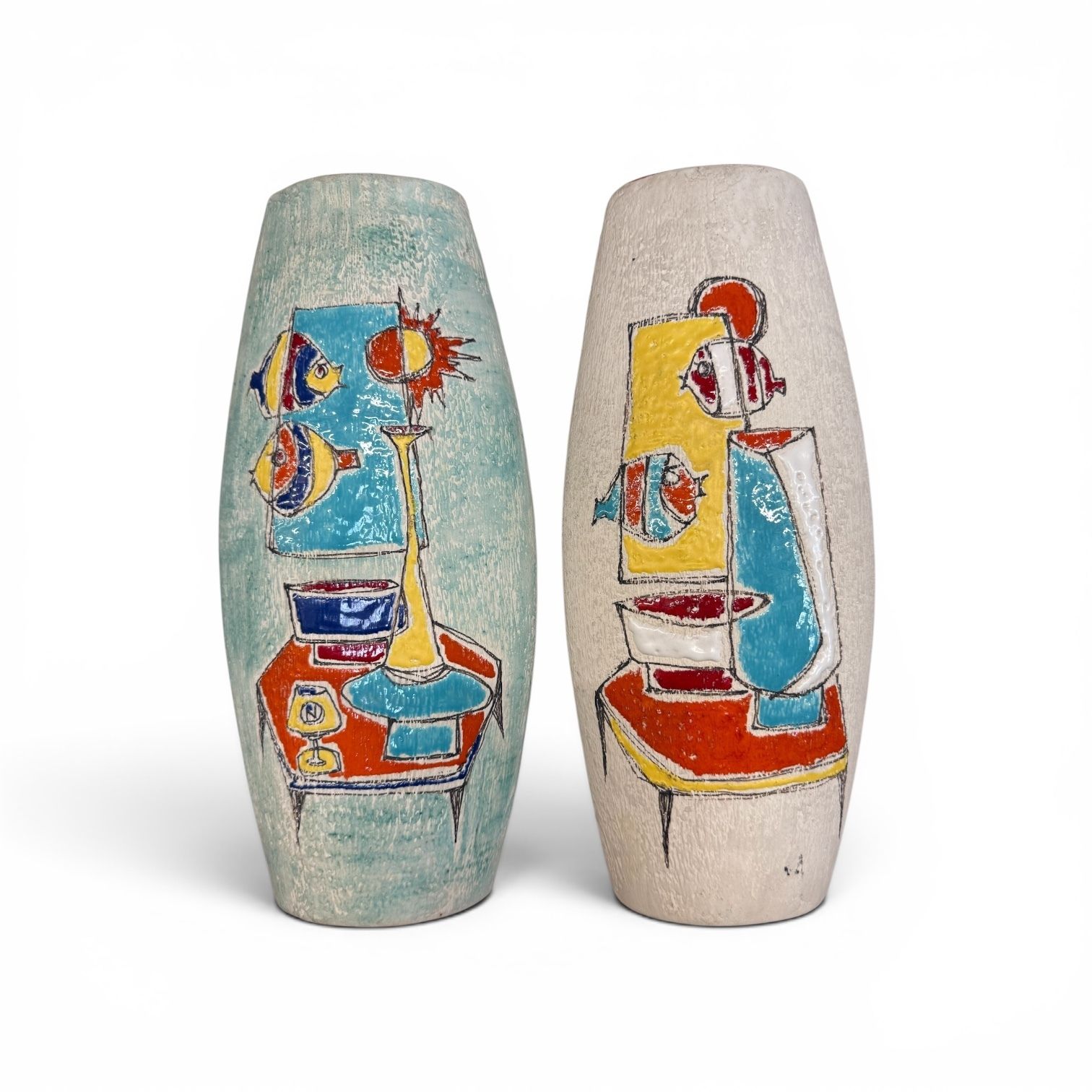 Pair Of Italian Alla Moda Mid Century Ceramic Vases, C.1950s–60s photo for sale