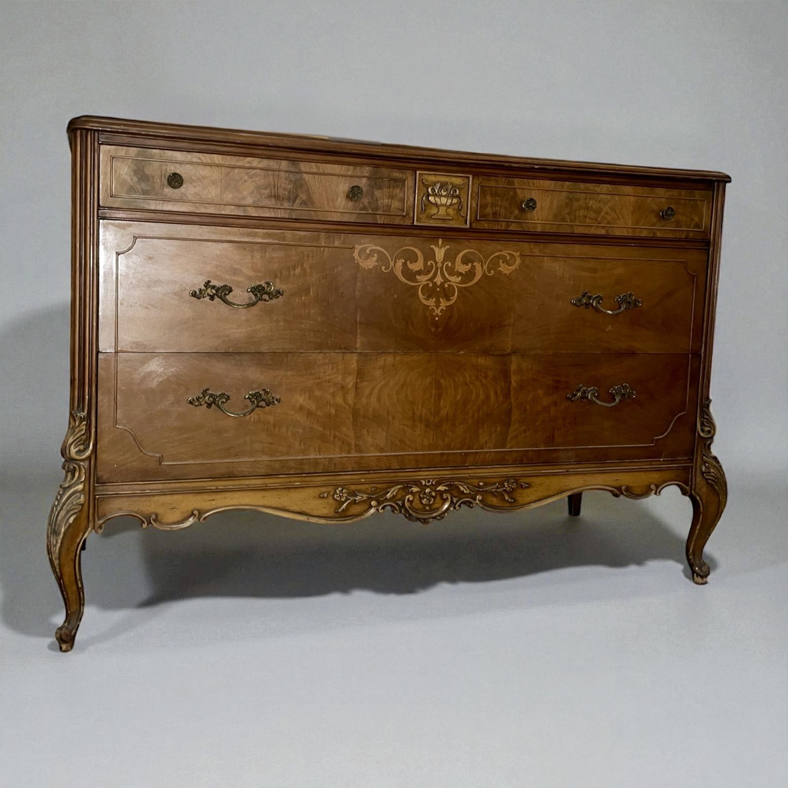 Inlaid Burl Walnut French Large Wide Chest Drawers 1930s photo for sale