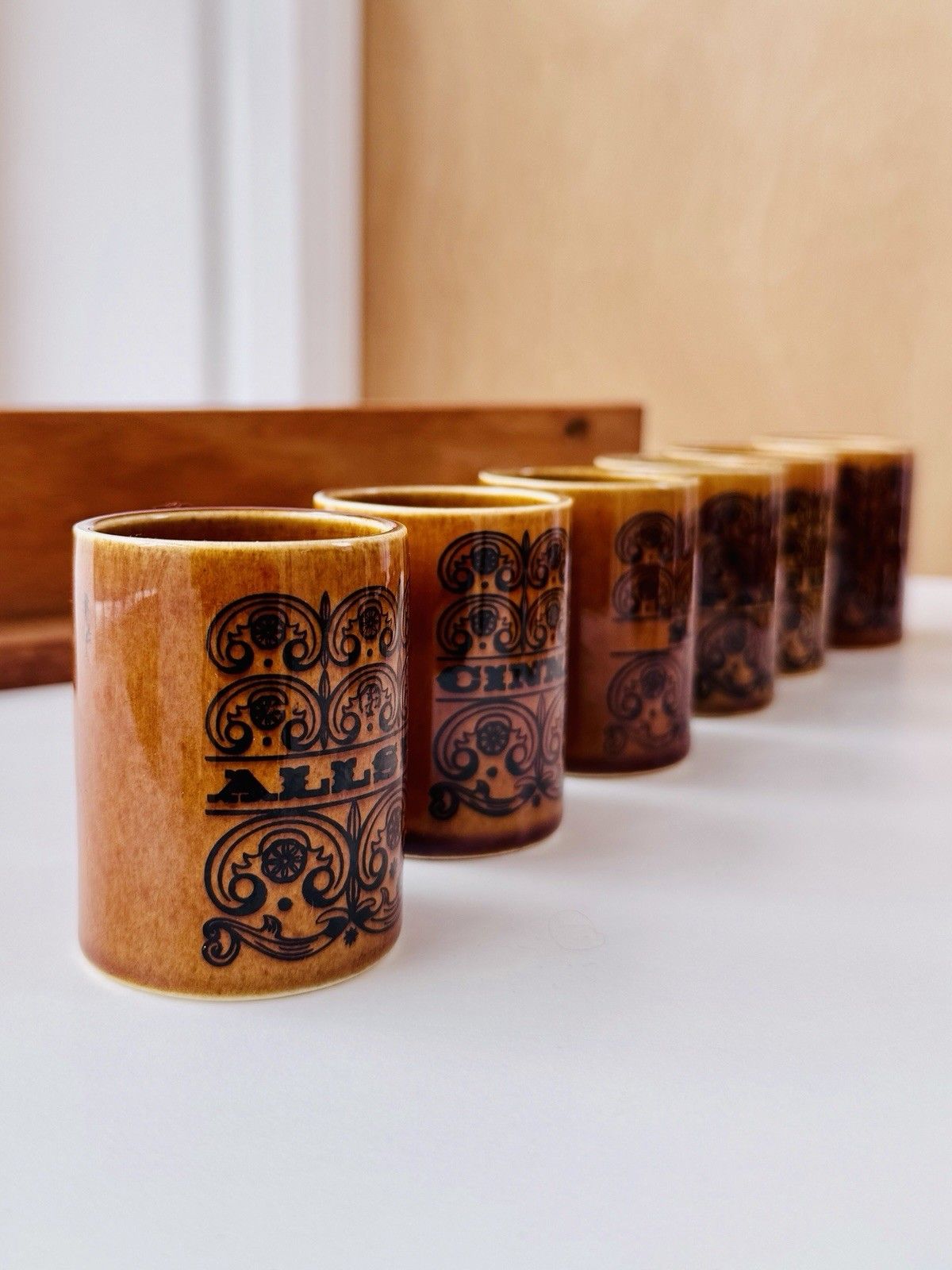 Home Decor 1960s Hornsea Pottery Scroll 6 Spice Jars With Turned Stoppers & Wooden Rack photo