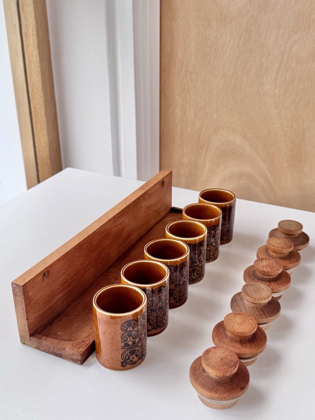 photo buy 1960s Hornsea Pottery Scroll 6 Spice Jars With Turned Stoppers & Wooden Rack