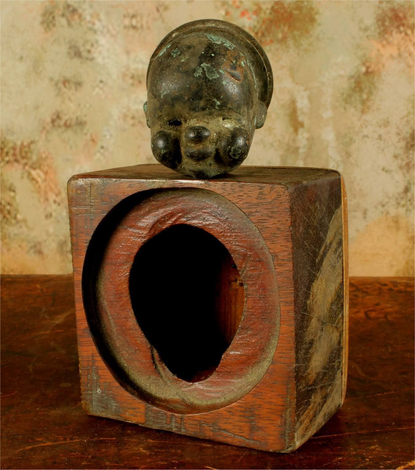 Small Vintage Copper Head Mould & Wood Stand. Bella France Doll Head.