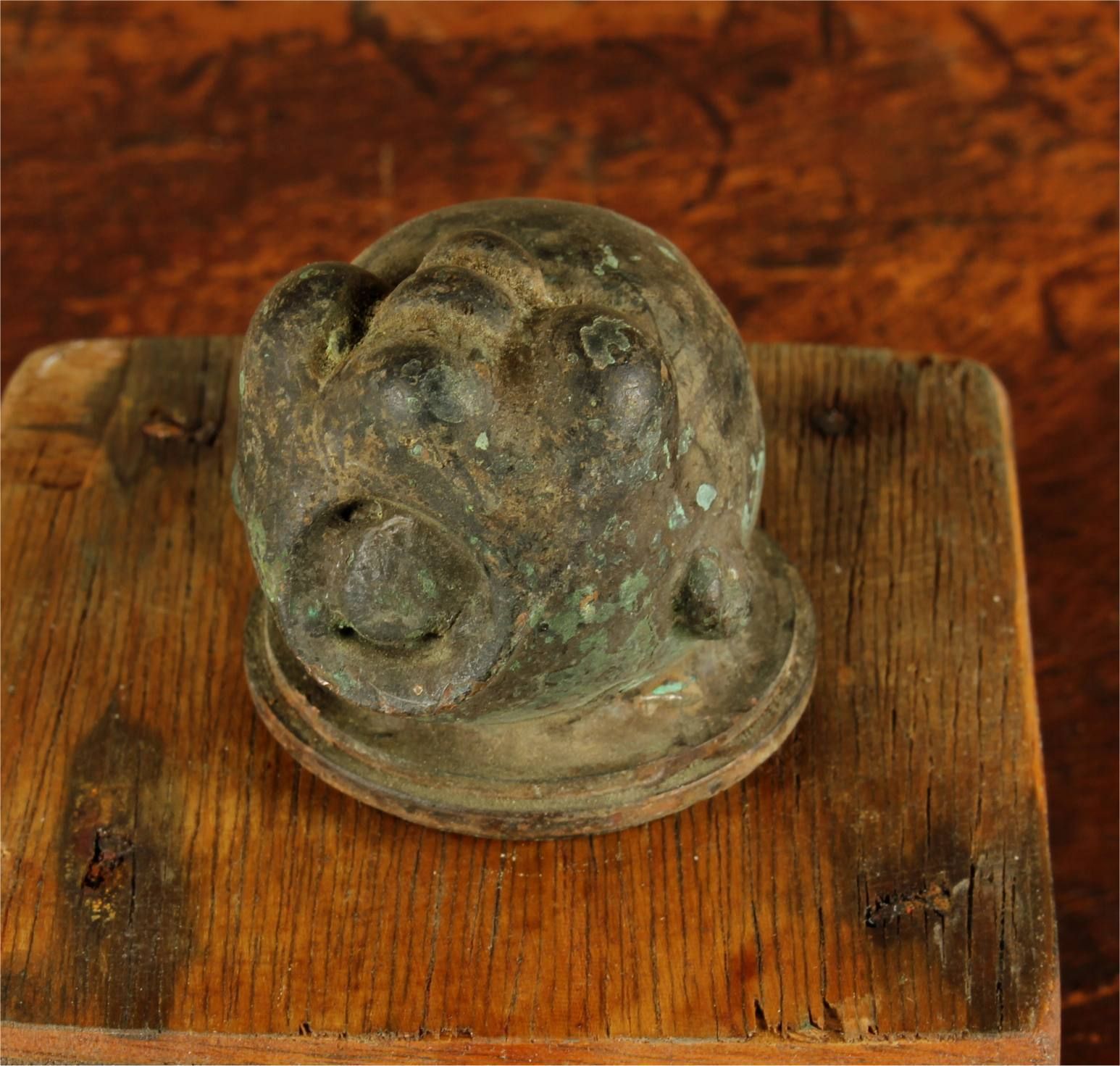 Home Decor Small Vintage Copper Head Mould & Wood Stand. Bella France Doll Head. photo