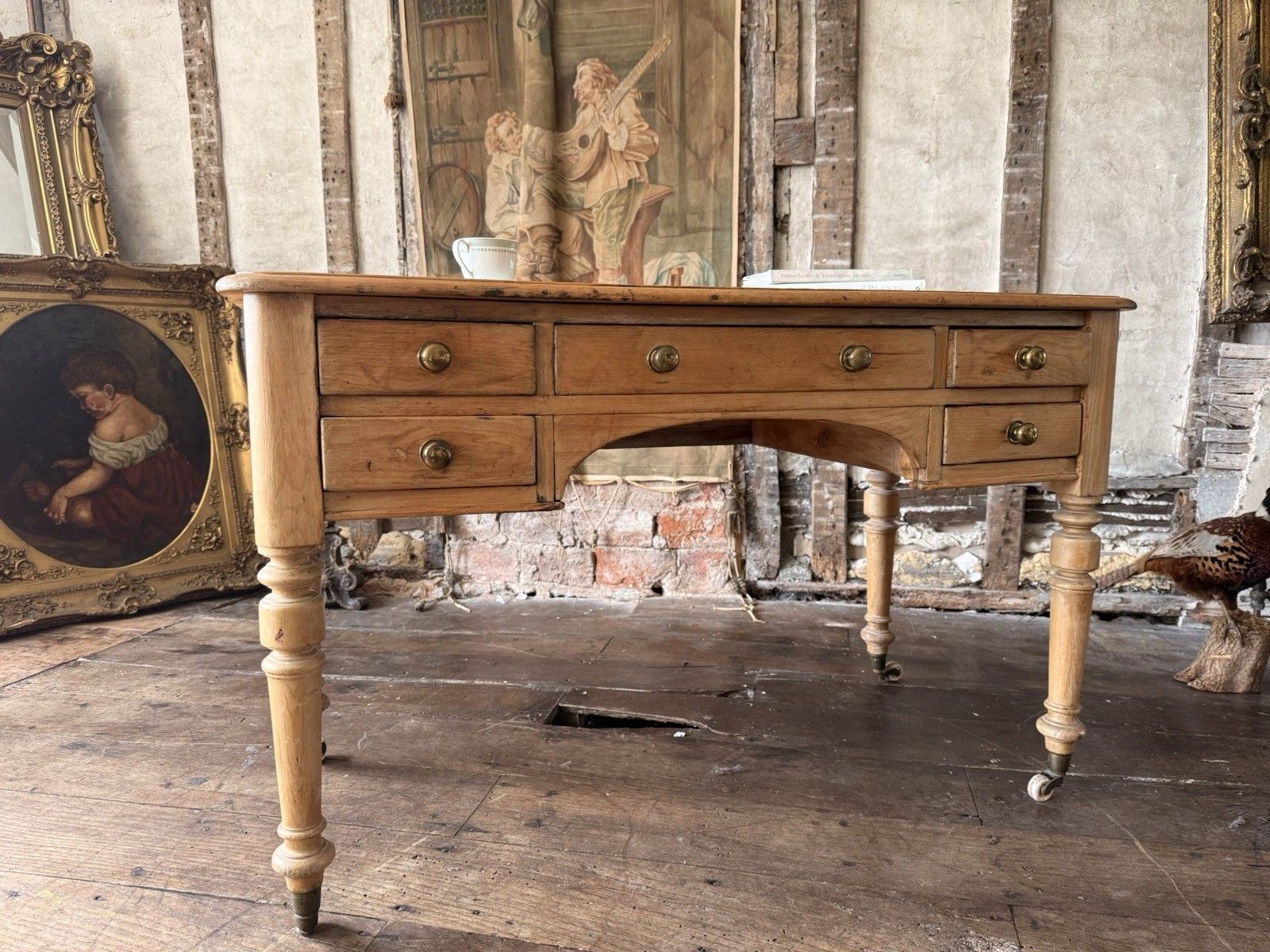 photo for sale Original English Farmhouse Rustic Antique Pine Writing Office Table Desk 1860c