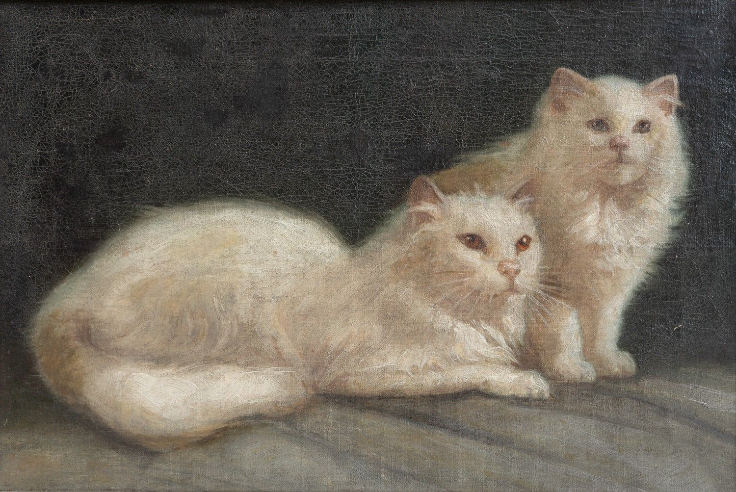 White Cat Portrait Original Antique Oil Painting, Attributed To Arthur Heyer photo furniture