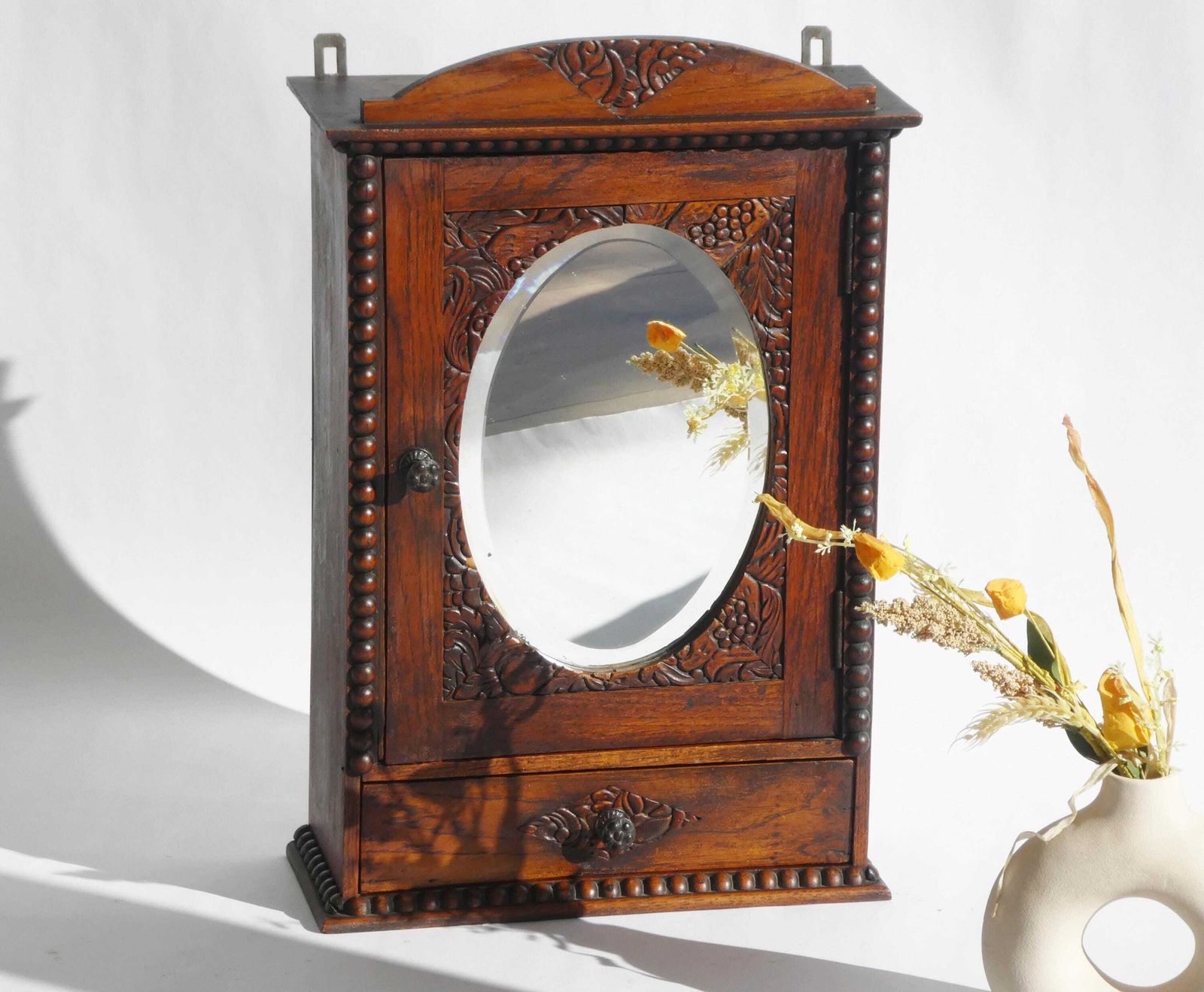 Art Deco Antique Dark Wooden Apothecary, Small Mirror Cabinet Floral Carved, Medicine Cabinet With Shelf