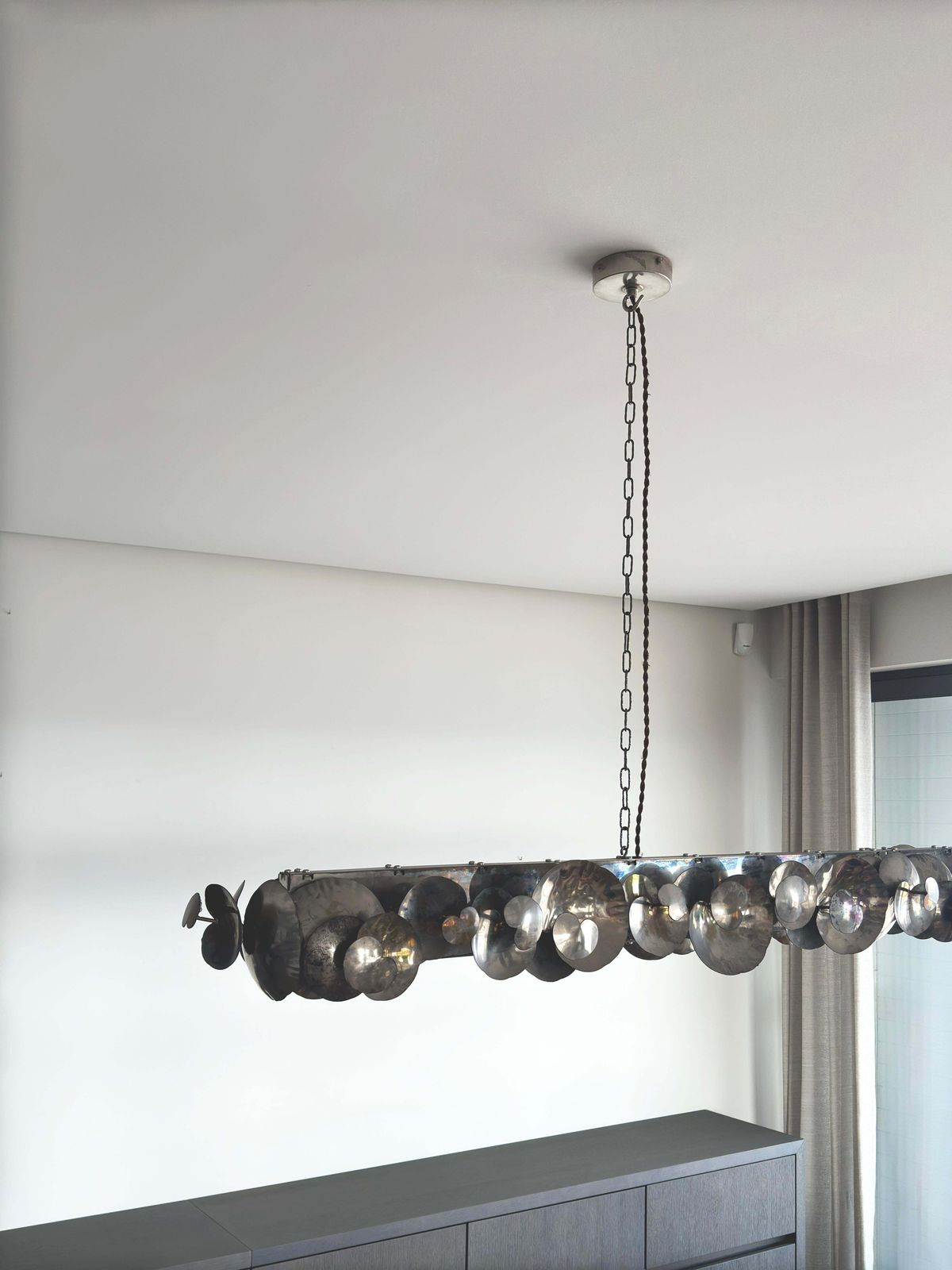 Linear Chandelier, Patinated Pewter, Ochre London Eucalyptus, England, 2011 photo for sale