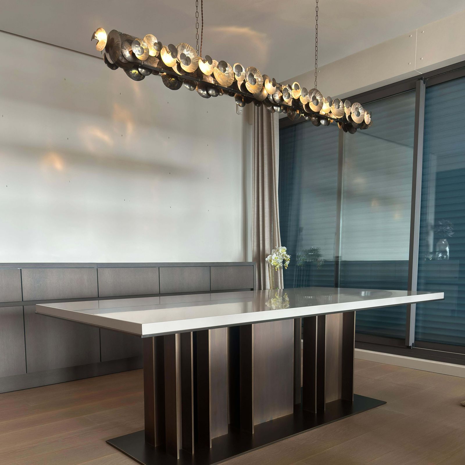 Linear Chandelier, Patinated Pewter, Ochre London Eucalyptus, England, 2011 photo Lighting