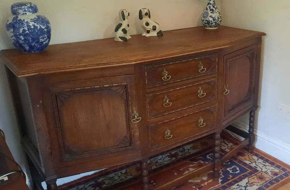 Vintage Oak Art Deco Three Drawer Two Cupboard Sideboard Bobbin Turned Legs photo for sale