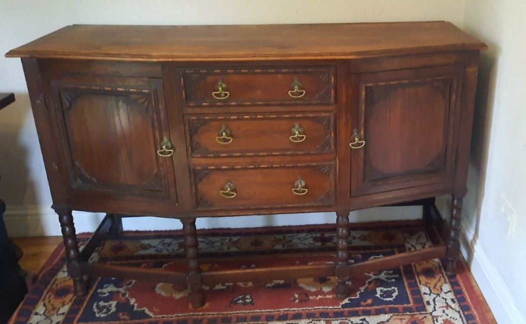 Vintage Oak Art Deco Three Drawer Two Cupboard Sideboard Bobbin Turned Legs photo Furniture