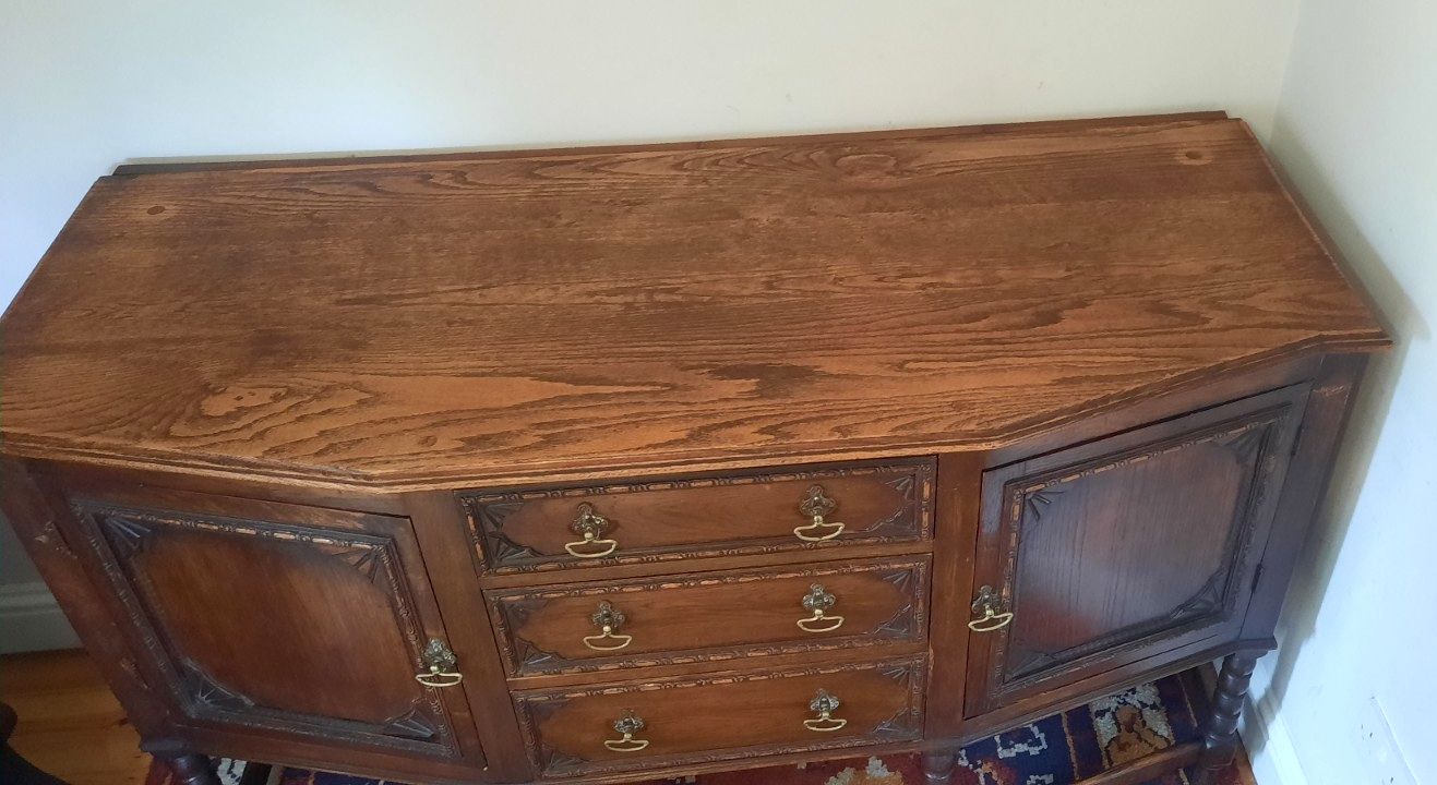 Vintage Oak Art Deco Three Drawer Two Cupboard Sideboard Bobbin Turned Legs photo vinterior