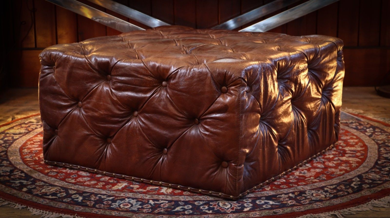 Timothy Oulton Lord Digsby Sqaure Leather Footstool Ottoman Antique Whisky Tan🚚 photo vinterior