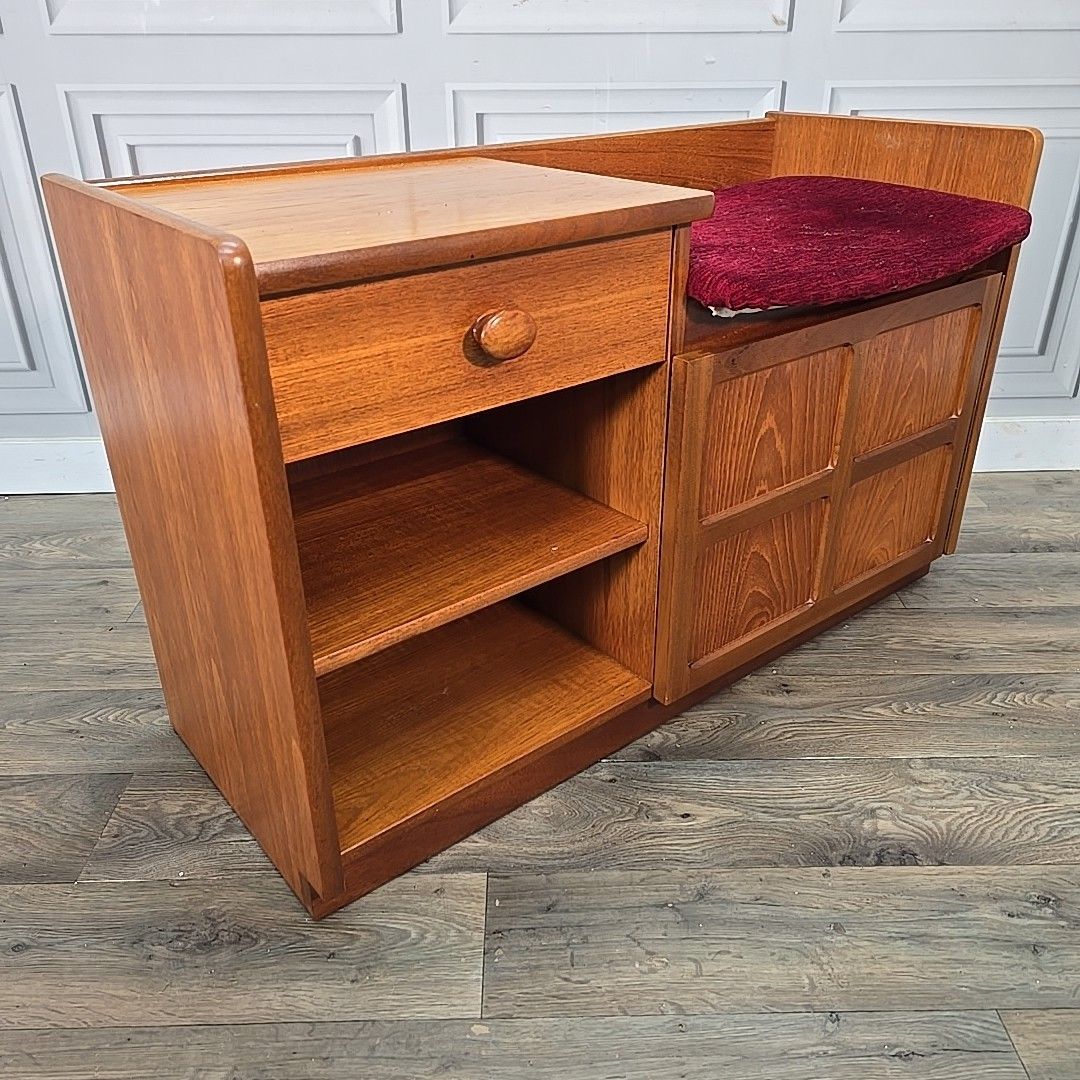 Vintage Nathan Telephone Seat Teak Cabinet Hall Bench Unit Seat Retro Squares
