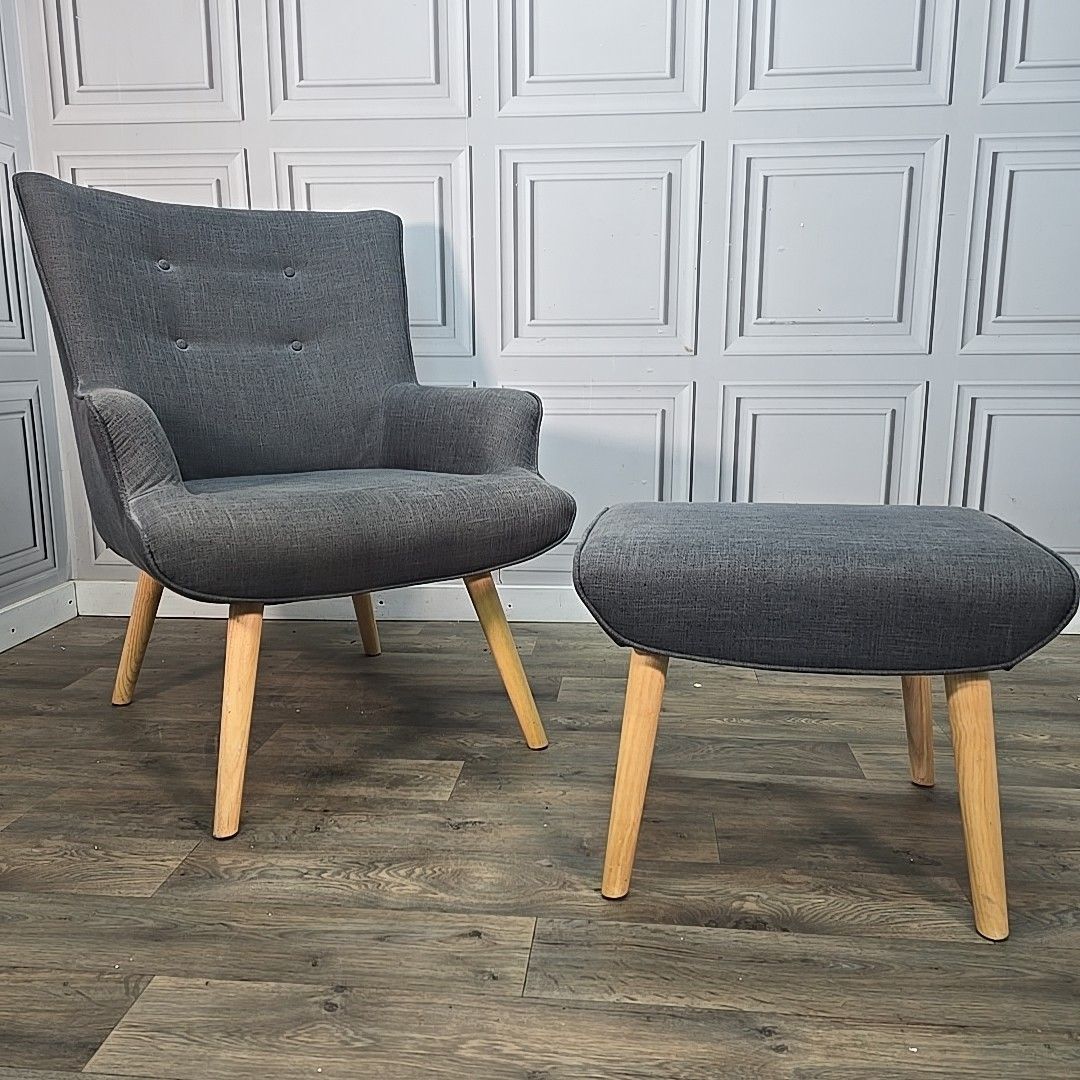 Retro Armchair & Footstool Mid Century Style – Grey Upholstery Wooden Legs Chair photo for sale