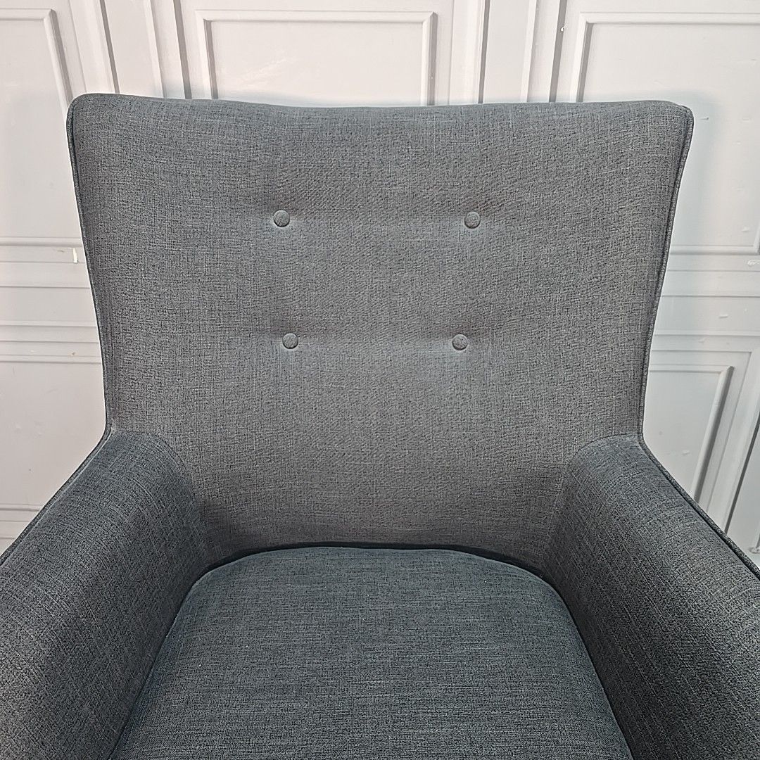 Retro Armchair & Footstool Mid Century Style – Grey Upholstery Wooden Legs Chair photo vinterior