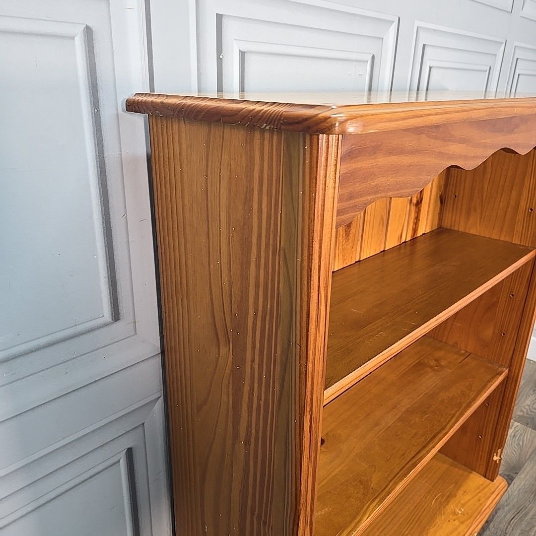 Retro Low Wooden Bookcase 3 Shelf / Shelves Country Farmhouse Vintage Solid Pine photo for sale