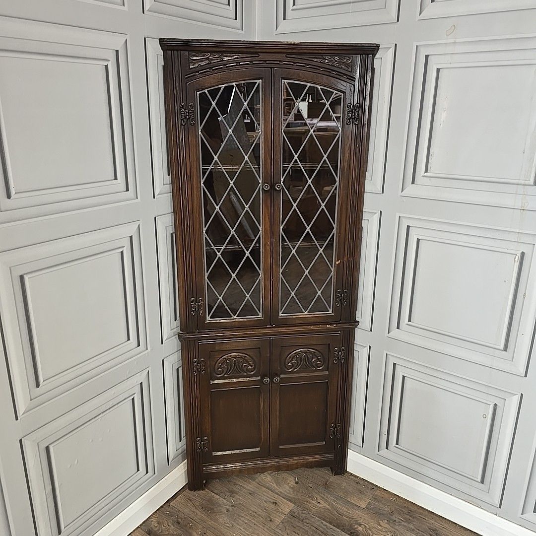 Vintage Old Charm Oak Corner Cabinet Leaded Glass Doors – Solid Wood Antique photo furniture