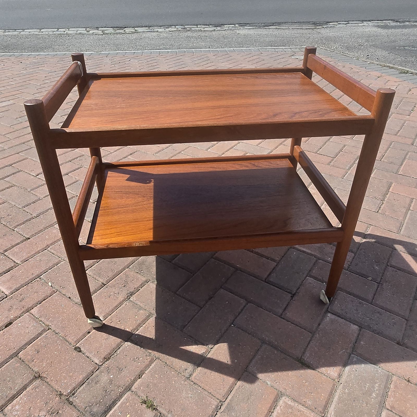 Mid Century Solid Teak Serving Trolley Tea Or Bar Cart On Castors Wooden photo for sale