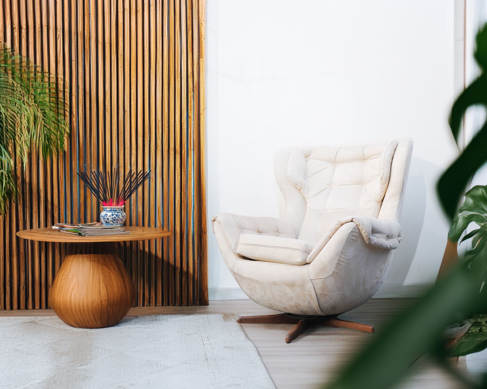 Mid Century Teak And Cream Suede Leather Swivel Chair In The Style Of Parker Knoll Statesman, 1960s photo furniture