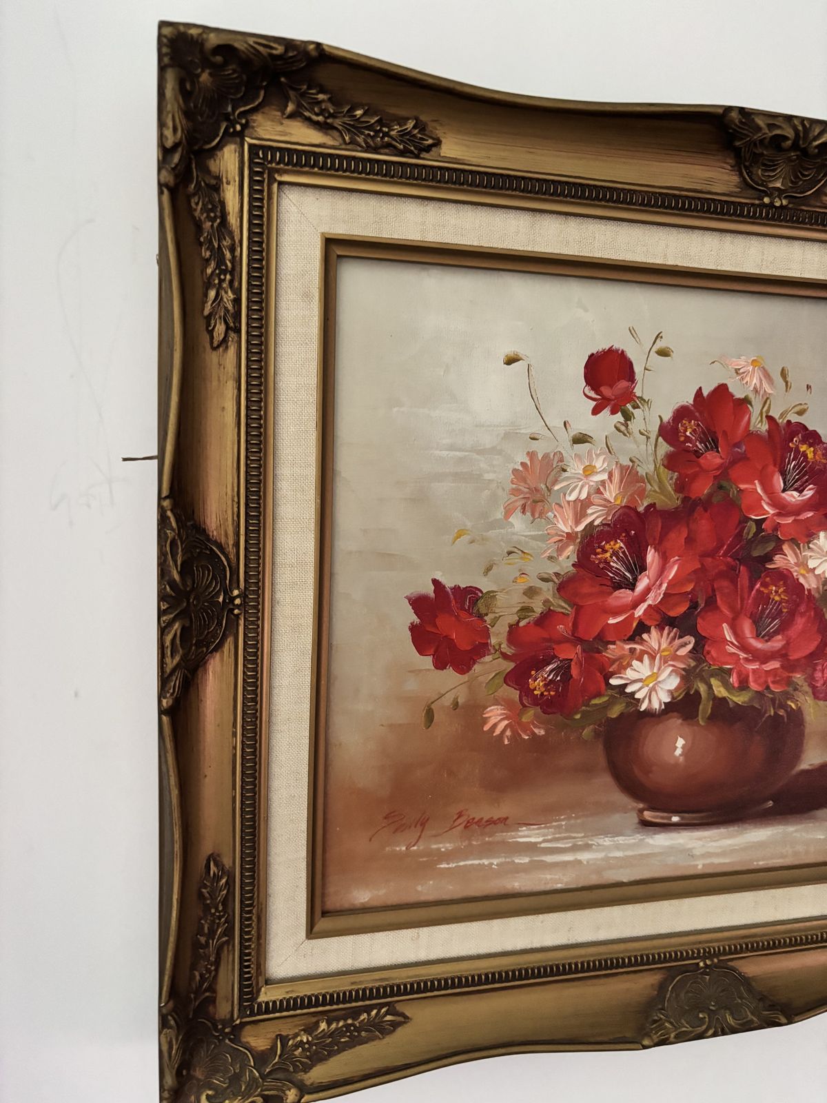 Vintage Signed Floral Oil Painting By Sally Benson In Ornate Gold Frame photo furniture