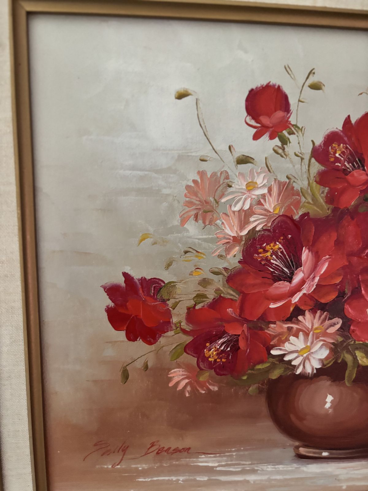 Vintage Signed Floral Oil Painting By Sally Benson In Ornate Gold Frame photo 175.0