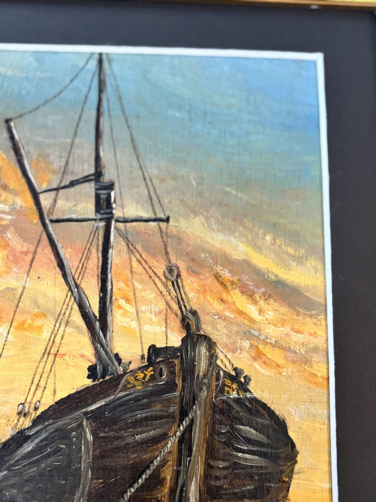 Vintage Nautical Oil Painting Of Fishing Boat At Sunset In Ornate Gold Frame photo 140.0