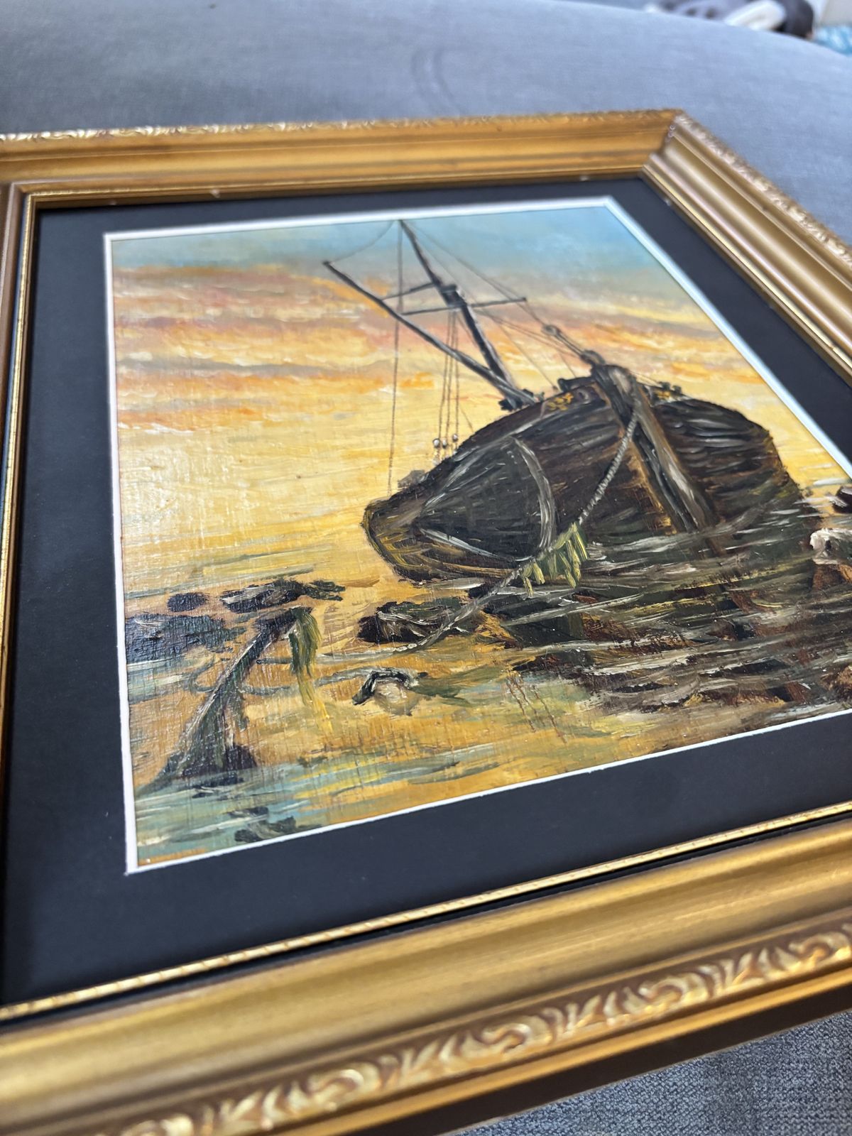 140.0 Vintage Nautical Oil Painting Of Fishing Boat At Sunset In Ornate Gold Frame photo