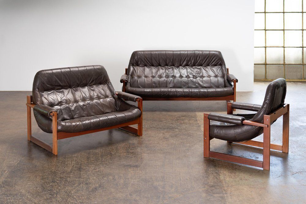 Brazilian Modern Leather Sofas And Lounge Chair By Percival Lafer, 1970s, Set Of 3 photo for sale