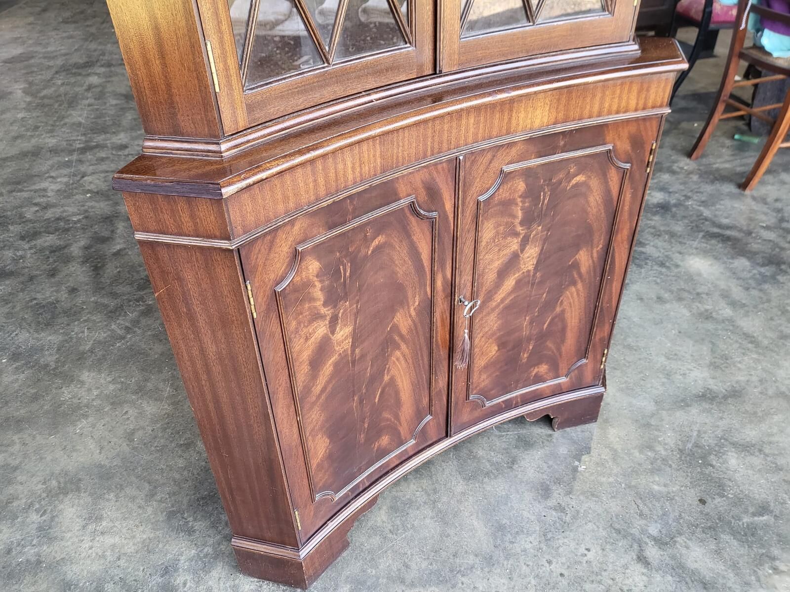 Antique Repro Large Mahogany Concave Glazed Corner Cabinet photo furniture