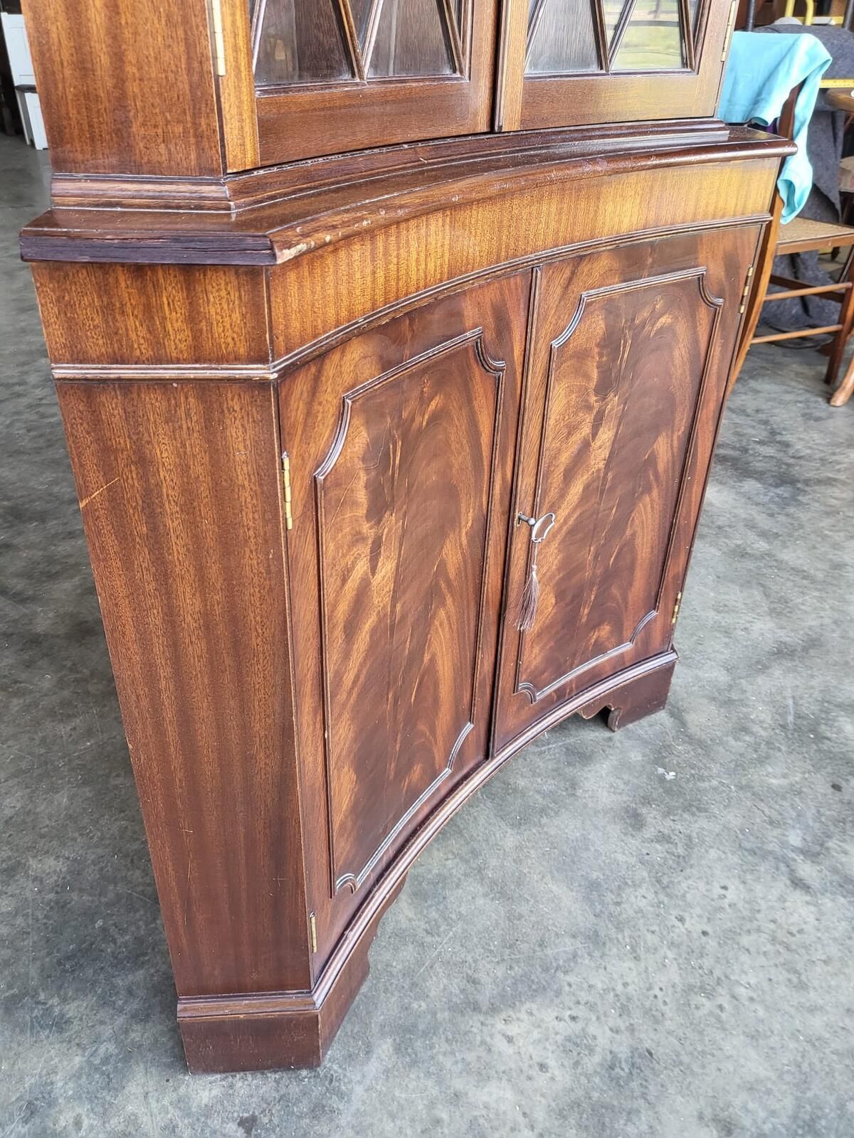 photo furniture Antique Repro Large Mahogany Concave Glazed Corner Cabinet