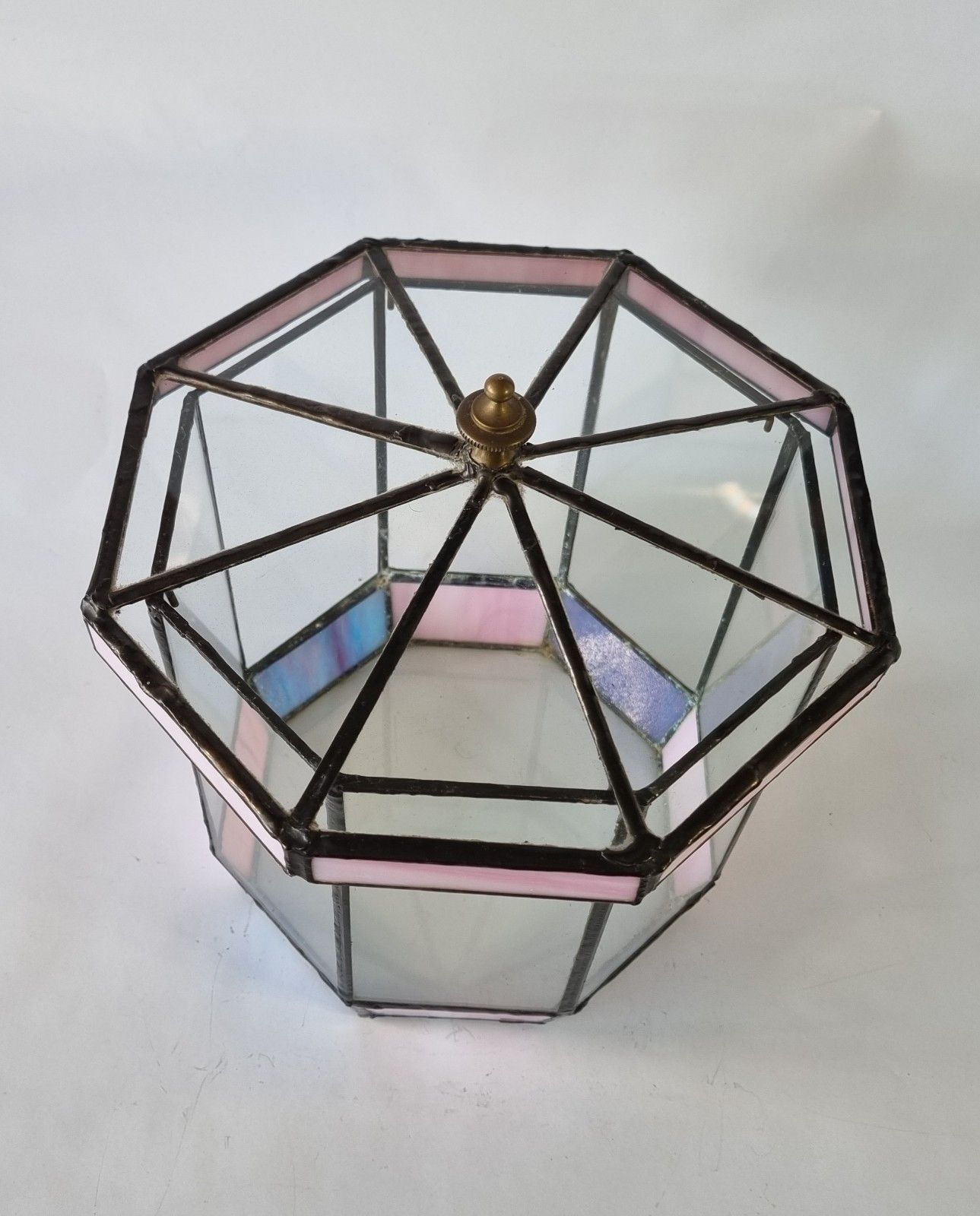 Vintage Stained Glass Terrarium Display Case Hexagonal Tiffany Style Pink photo for sale