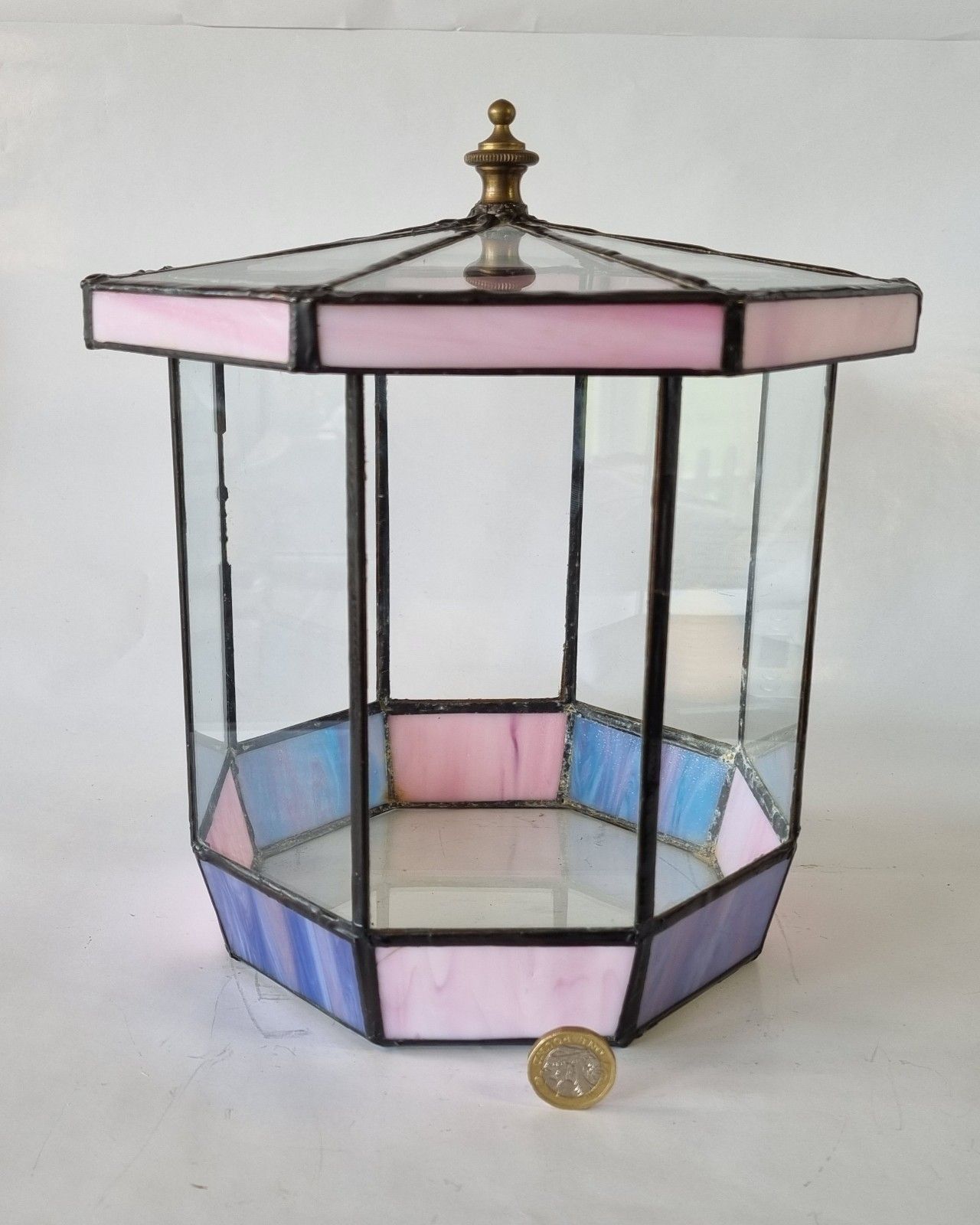Vintage Stained Glass Terrarium Display Case Hexagonal Tiffany Style Pink photo Home Decor