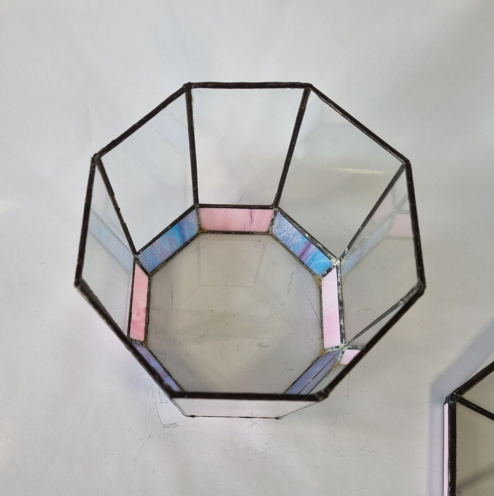 Vintage Stained Glass Terrarium Display Case Hexagonal Tiffany Style Pink photo buy