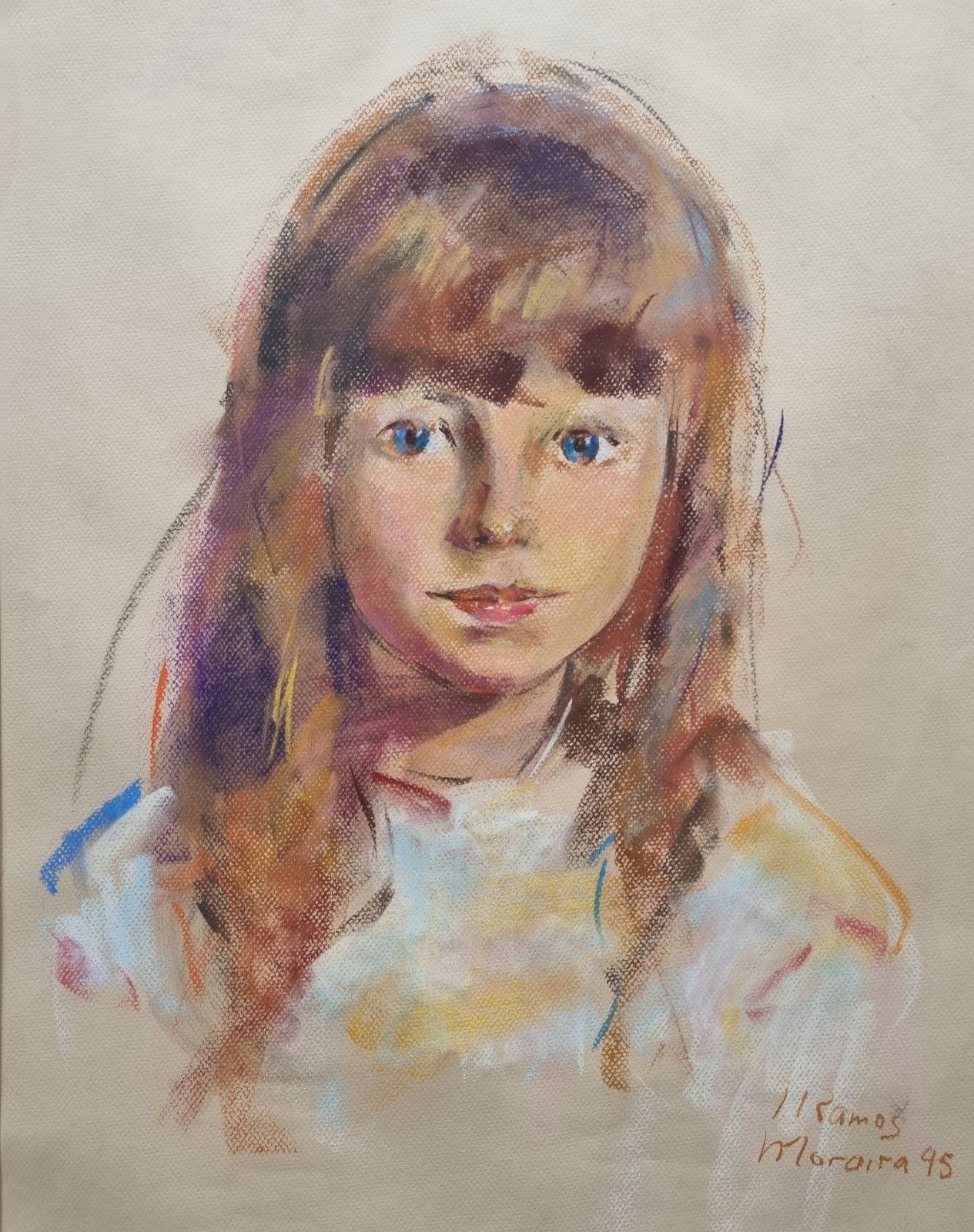 Large Vintage Portrait Pastel Drawing Of A Girl Framed Signed 1995