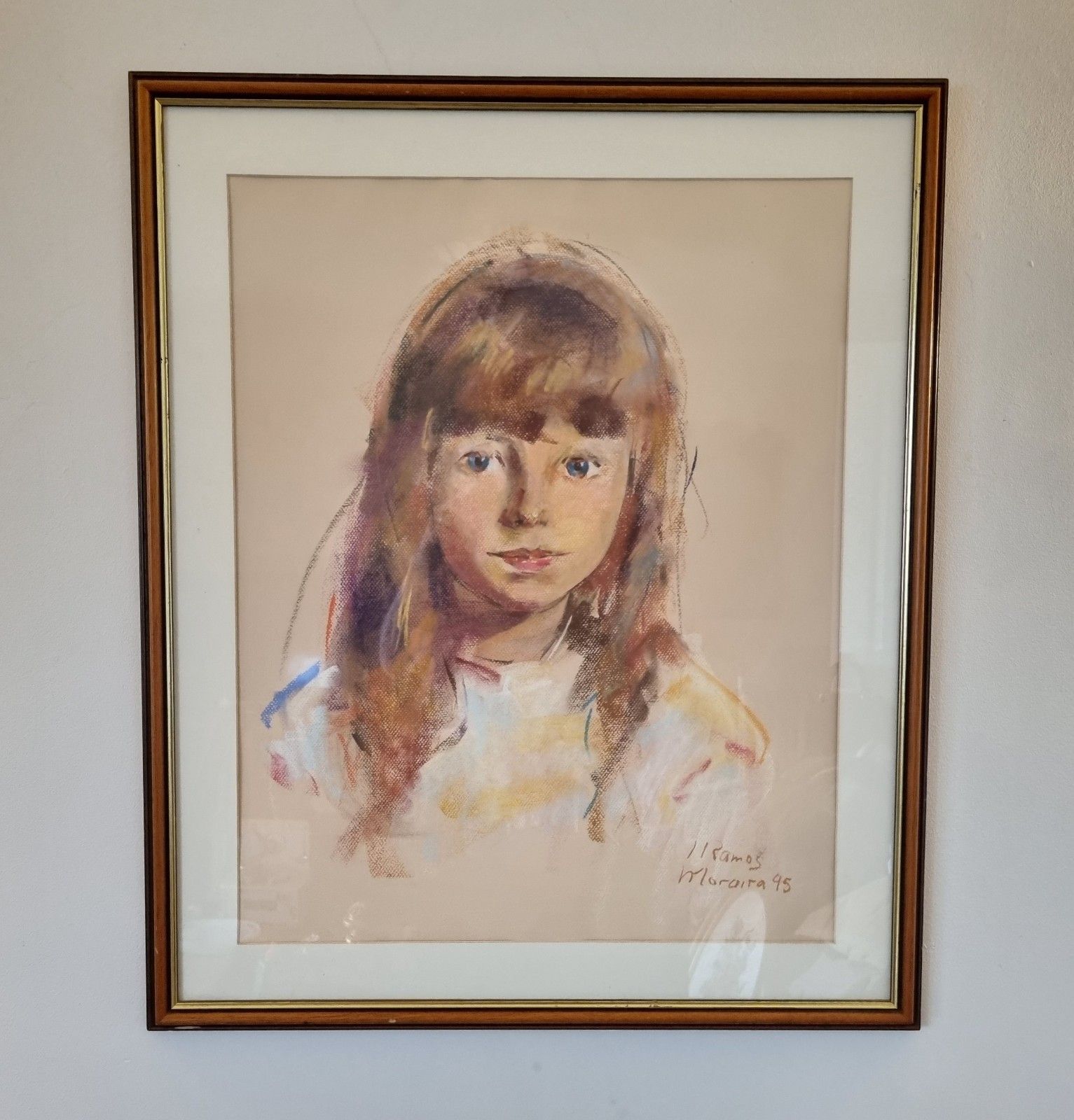 Large Vintage Portrait Pastel Drawing Of A Girl Framed Signed 1995 photo Art