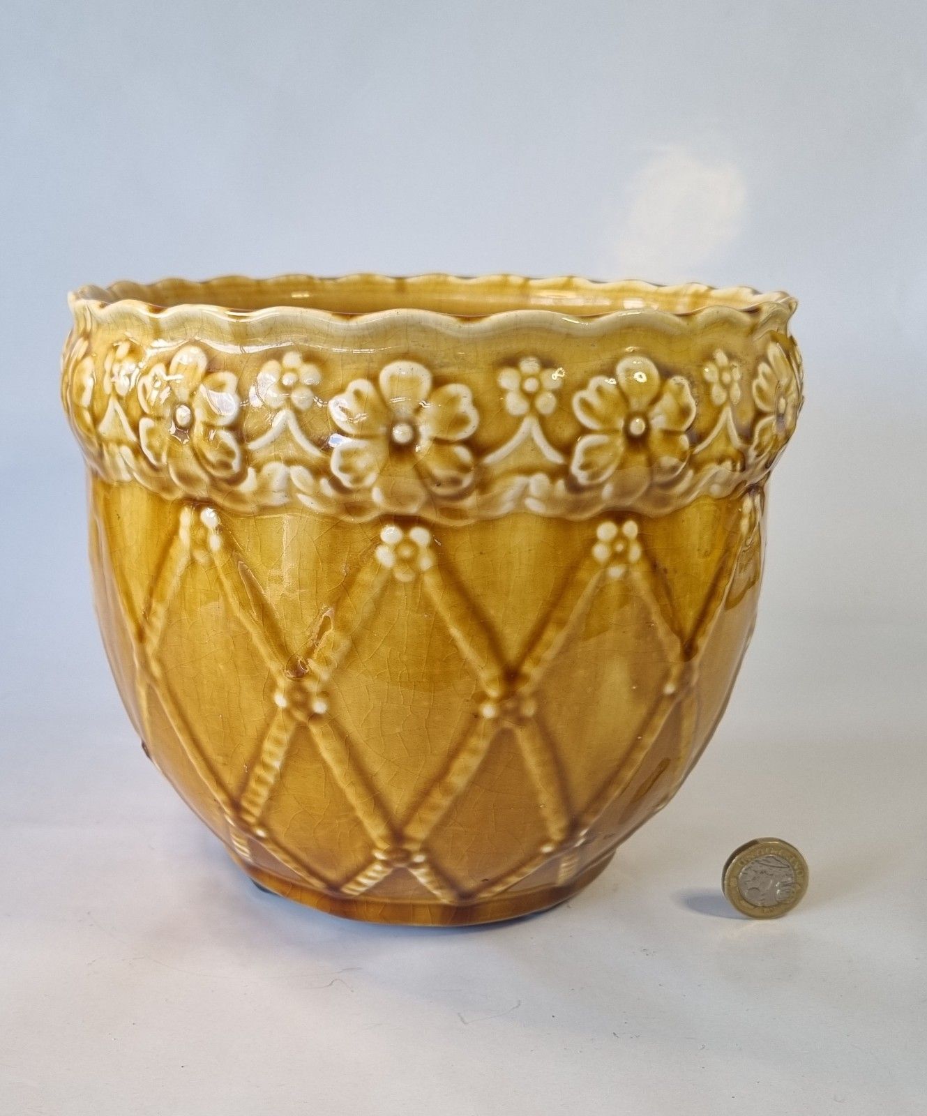 Antique C1919 Medium Mustard Yellow Majolica Jardiniere Ornate Floral Plant Pot photo furniture